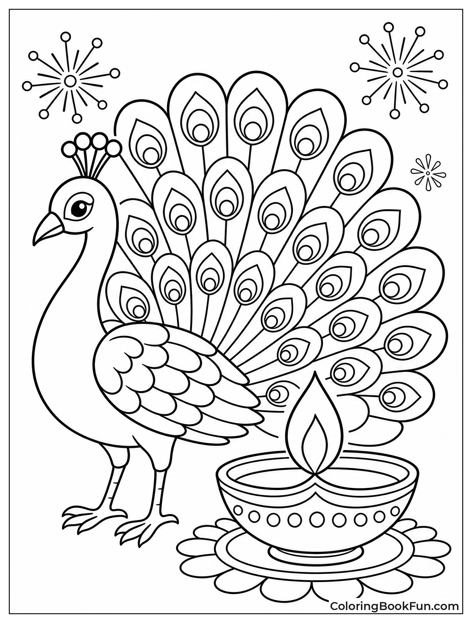 Peacock Standing beside Glowing Diya