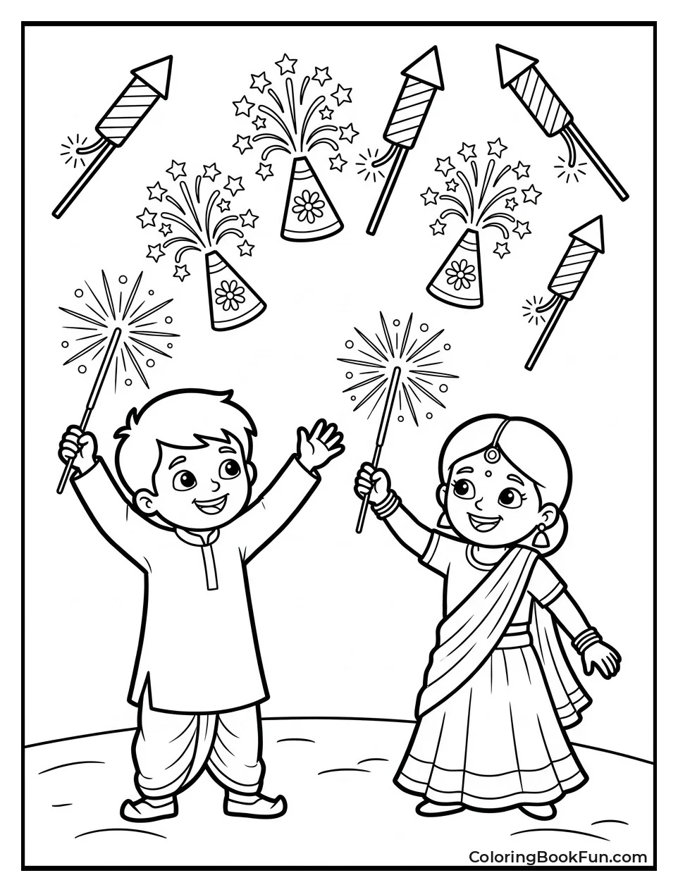Children Waving Sparklers under Fireworks