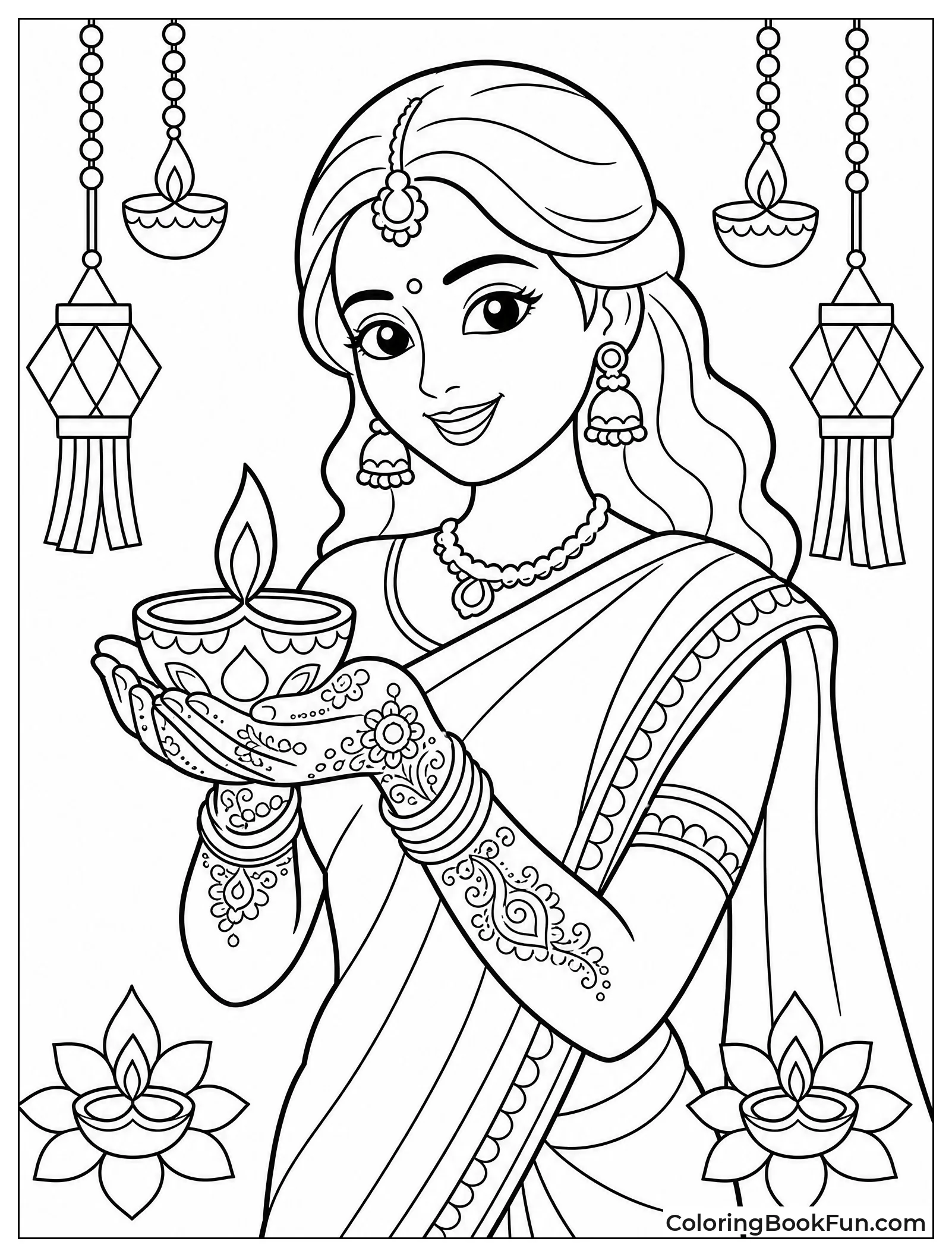 Woman Holding Lit Diya in Saree