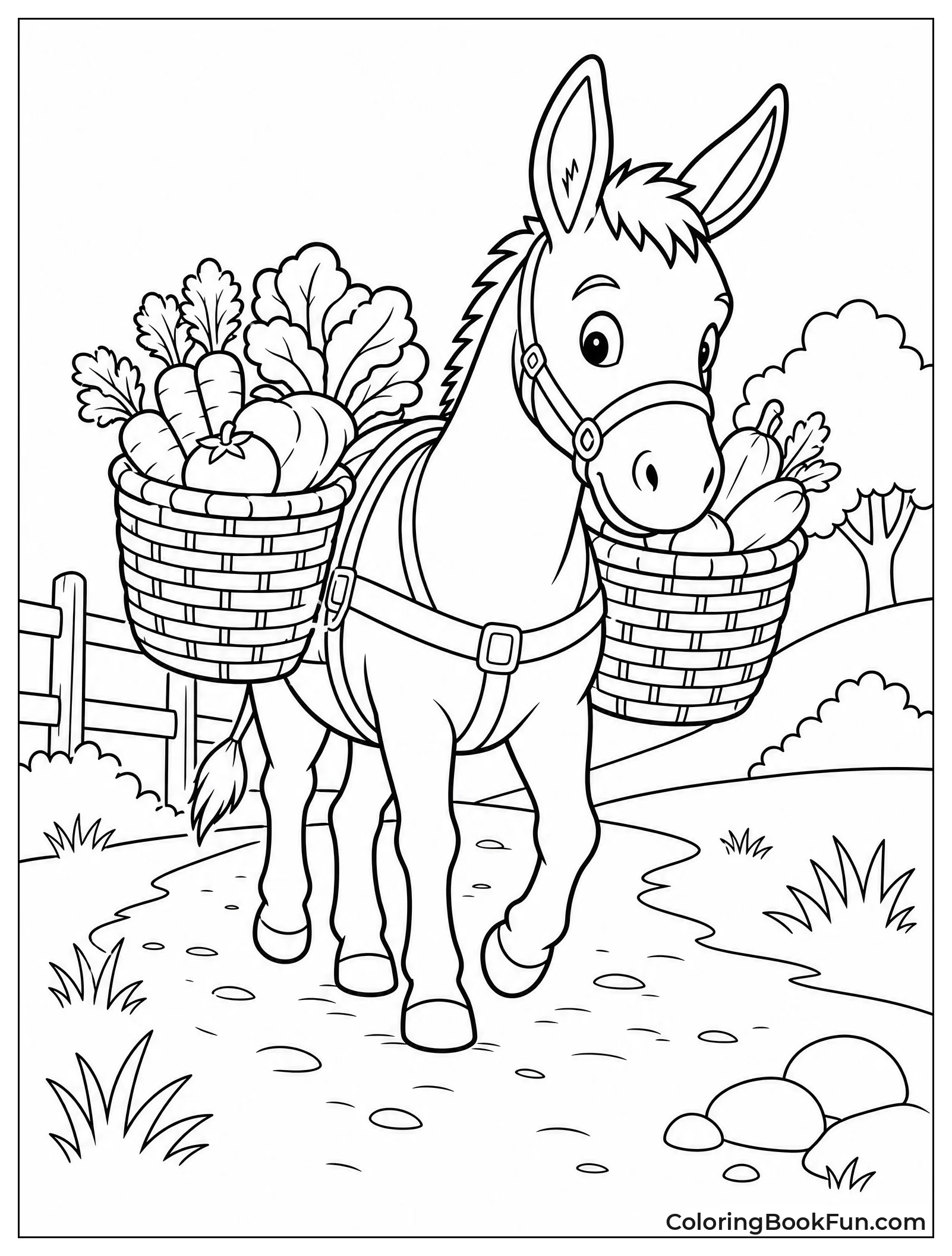 Donkey Carries Baskets on Path