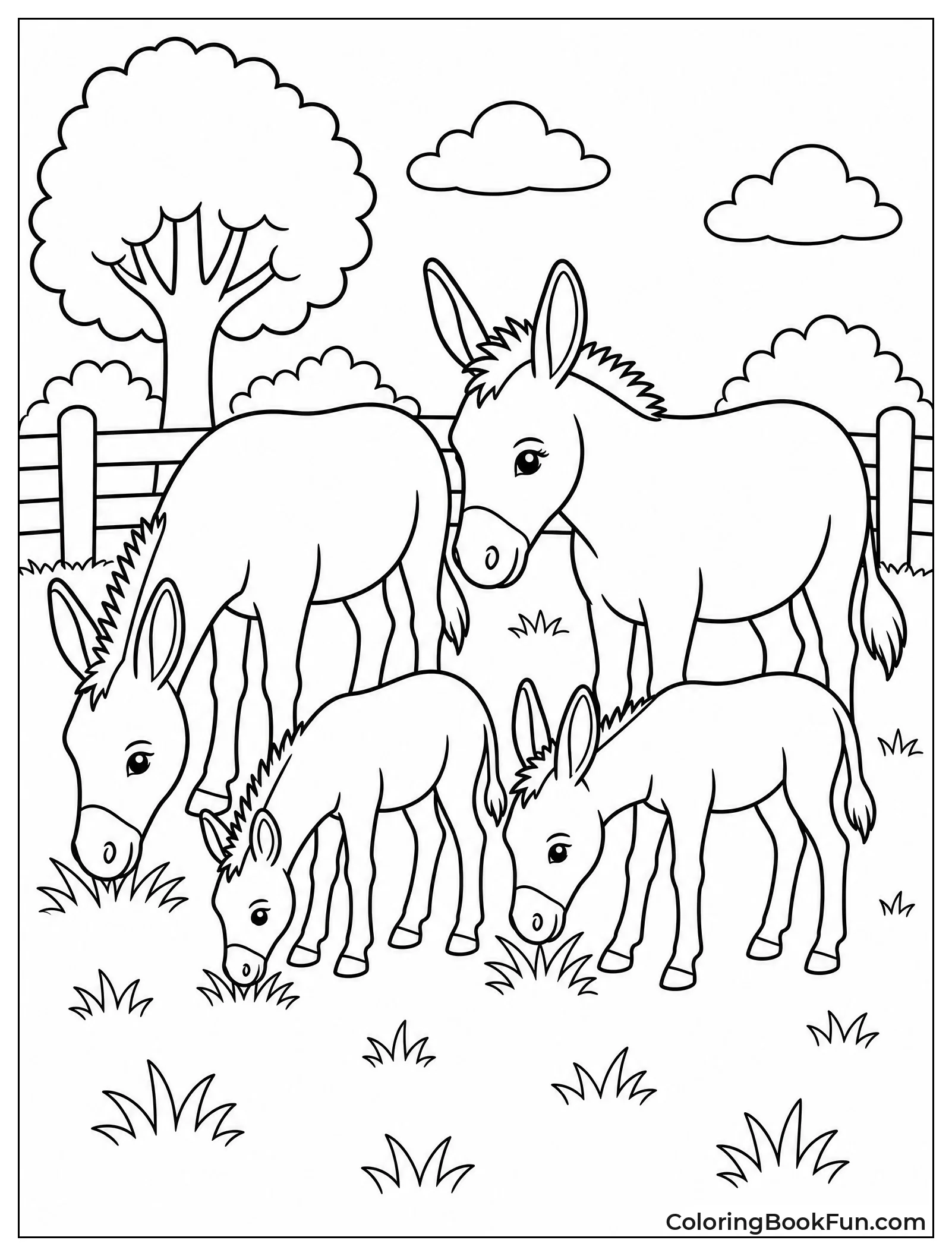 Donkey Family Grazes Together
