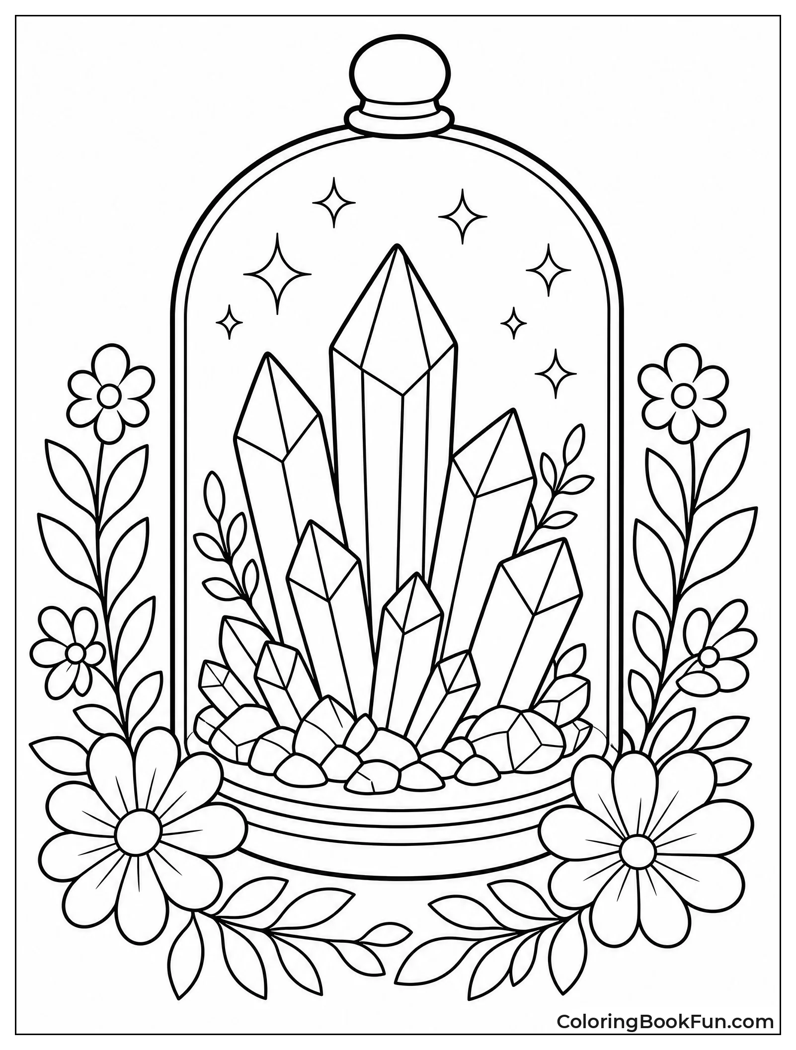 Crystals inside Glass Dome with Flowers