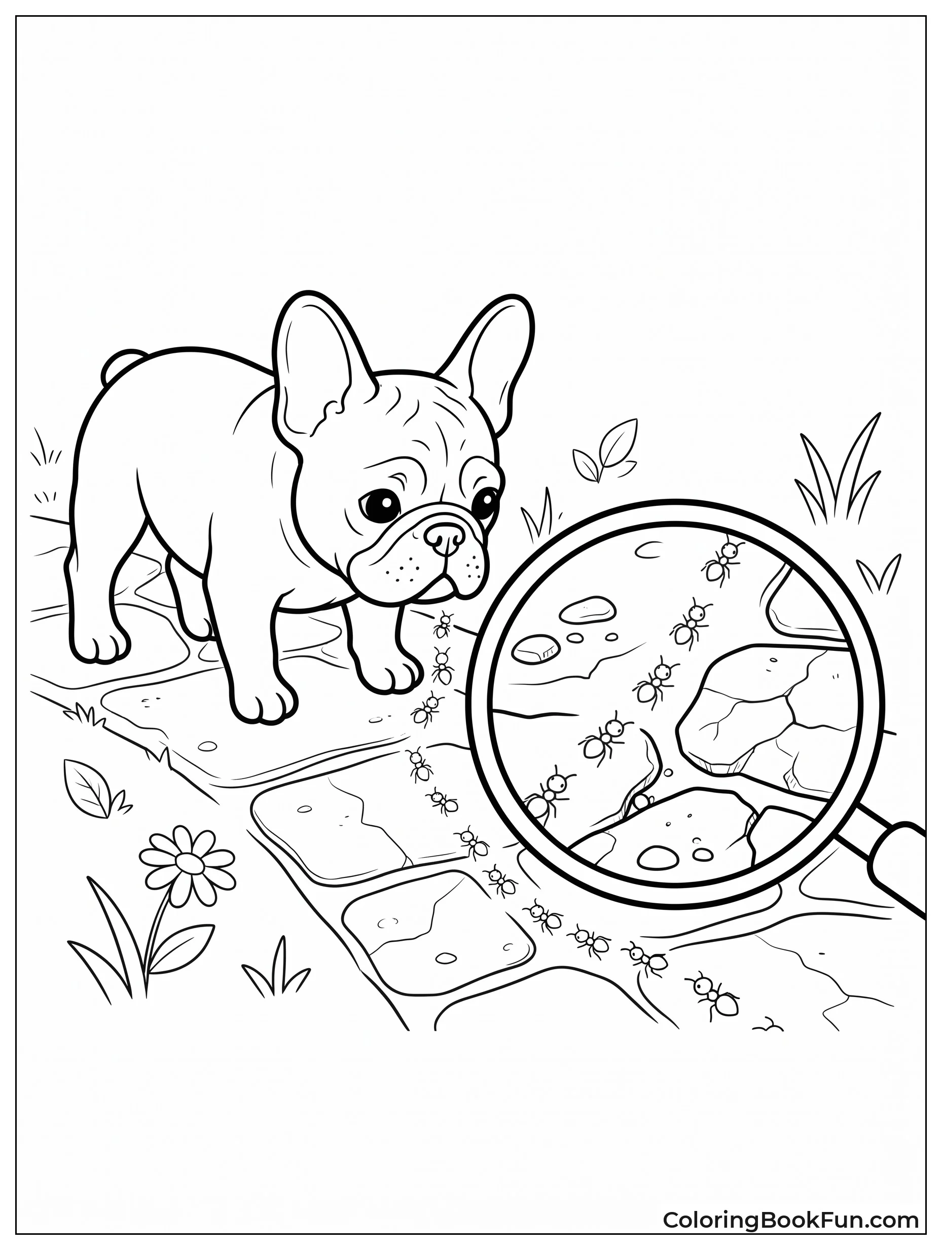 Frenchie Examines Ants with Magnifier