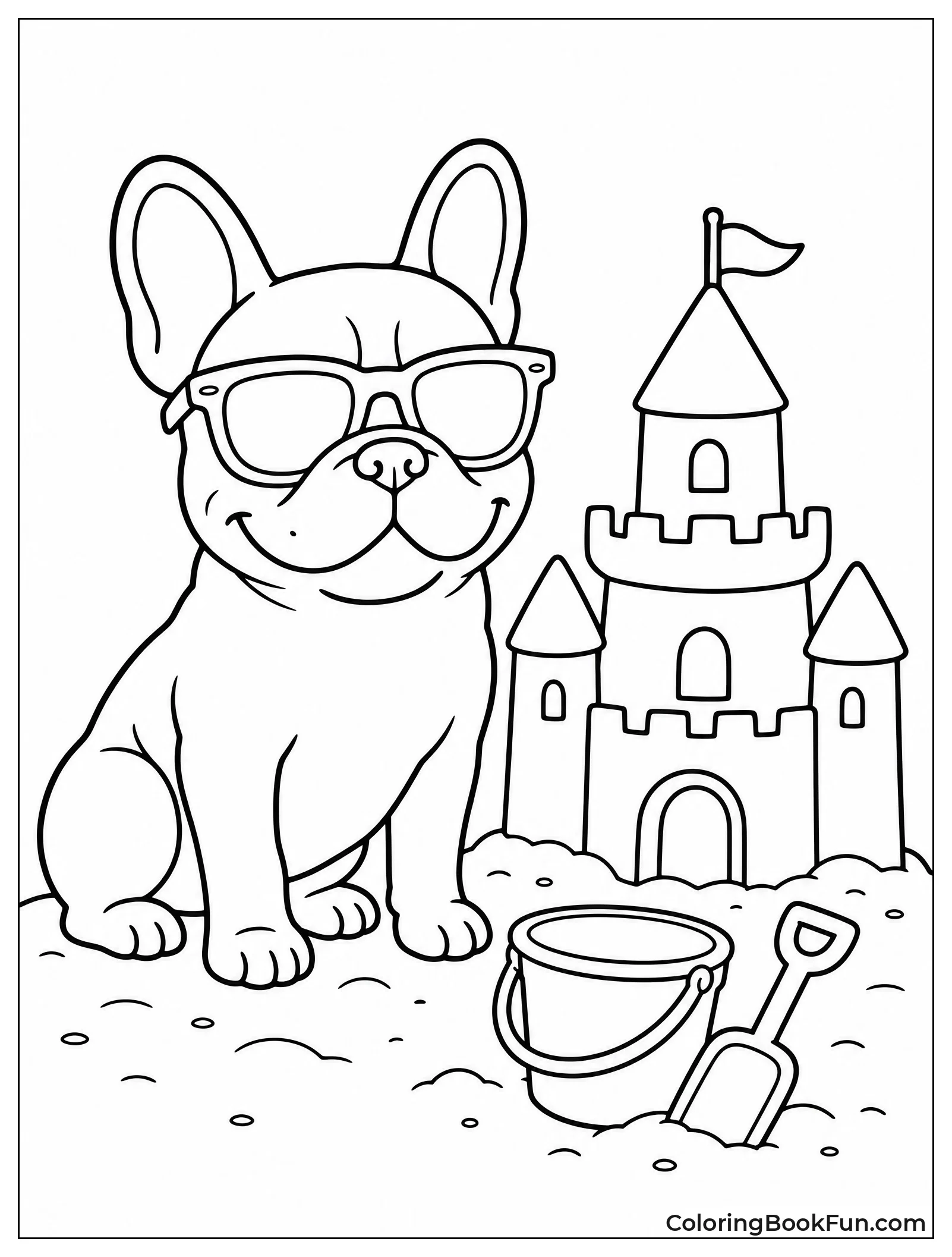 Frenchie Sits by Sandcastle at Beach