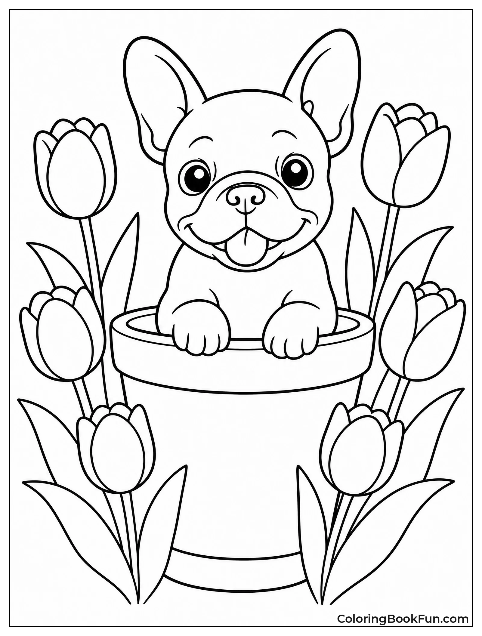 Frenchie Sits in Flower Pot