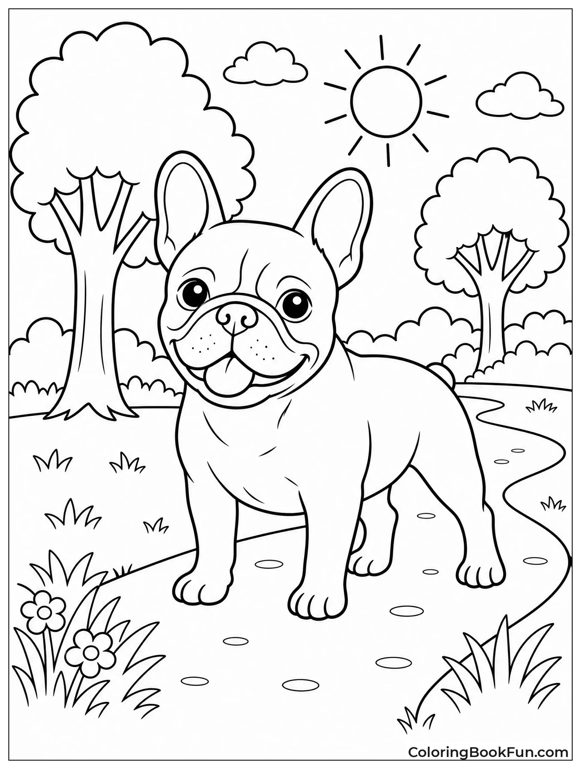 French Bulldog Stands in Sunny Park