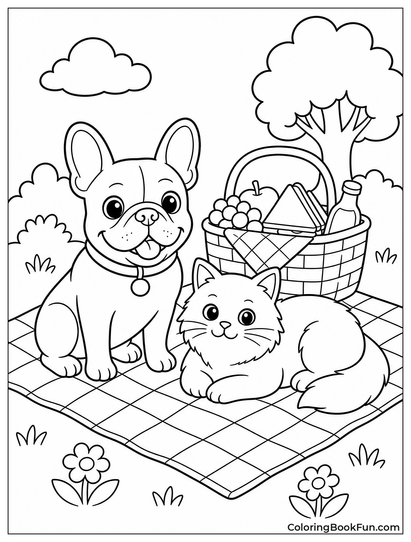 Frenchie Shares Picnic with Cat
