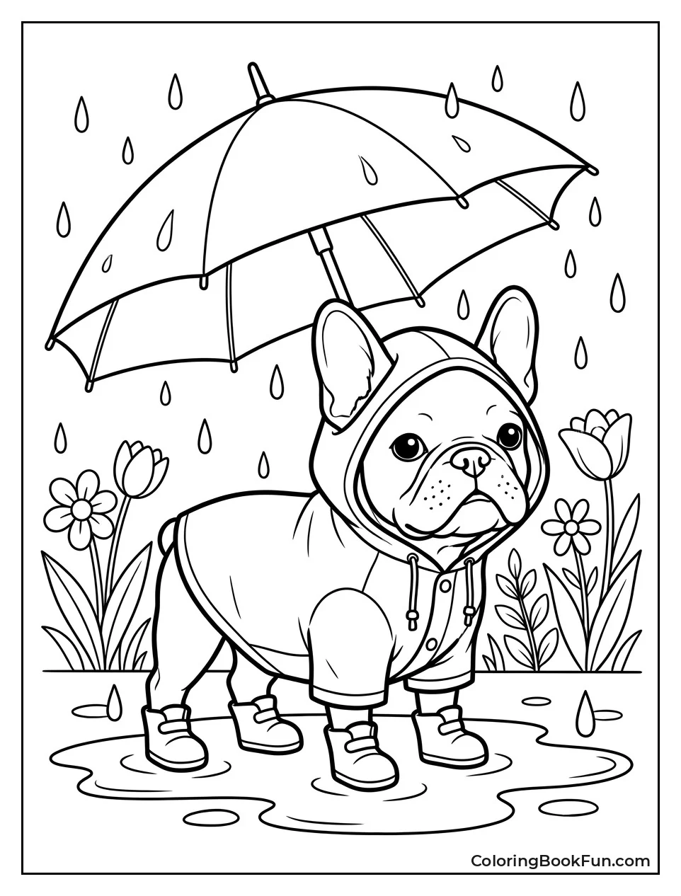 Frenchie Wears Raincoat in Shower