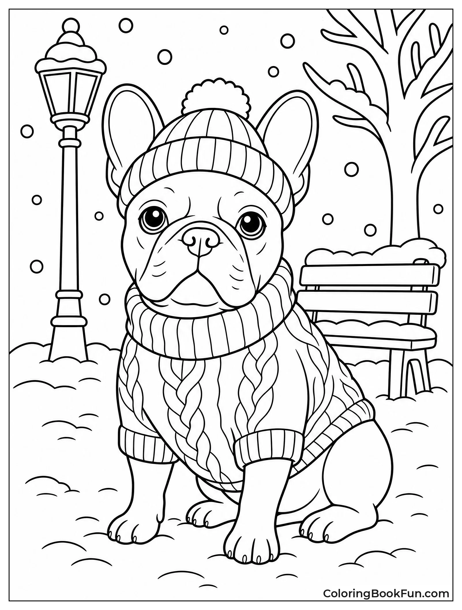 Frenchie Wears Sweater in Snow