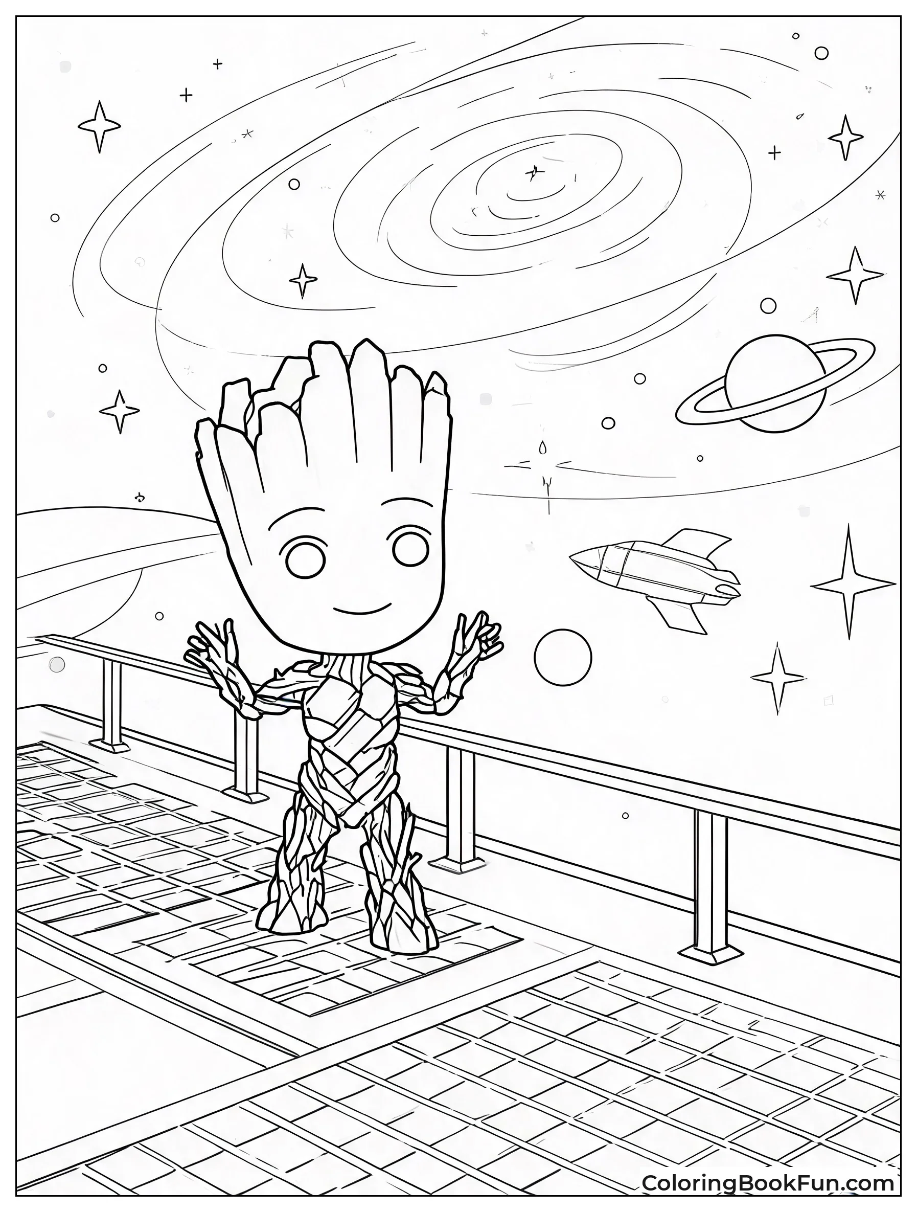Baby Groot on a Spaceship Deck