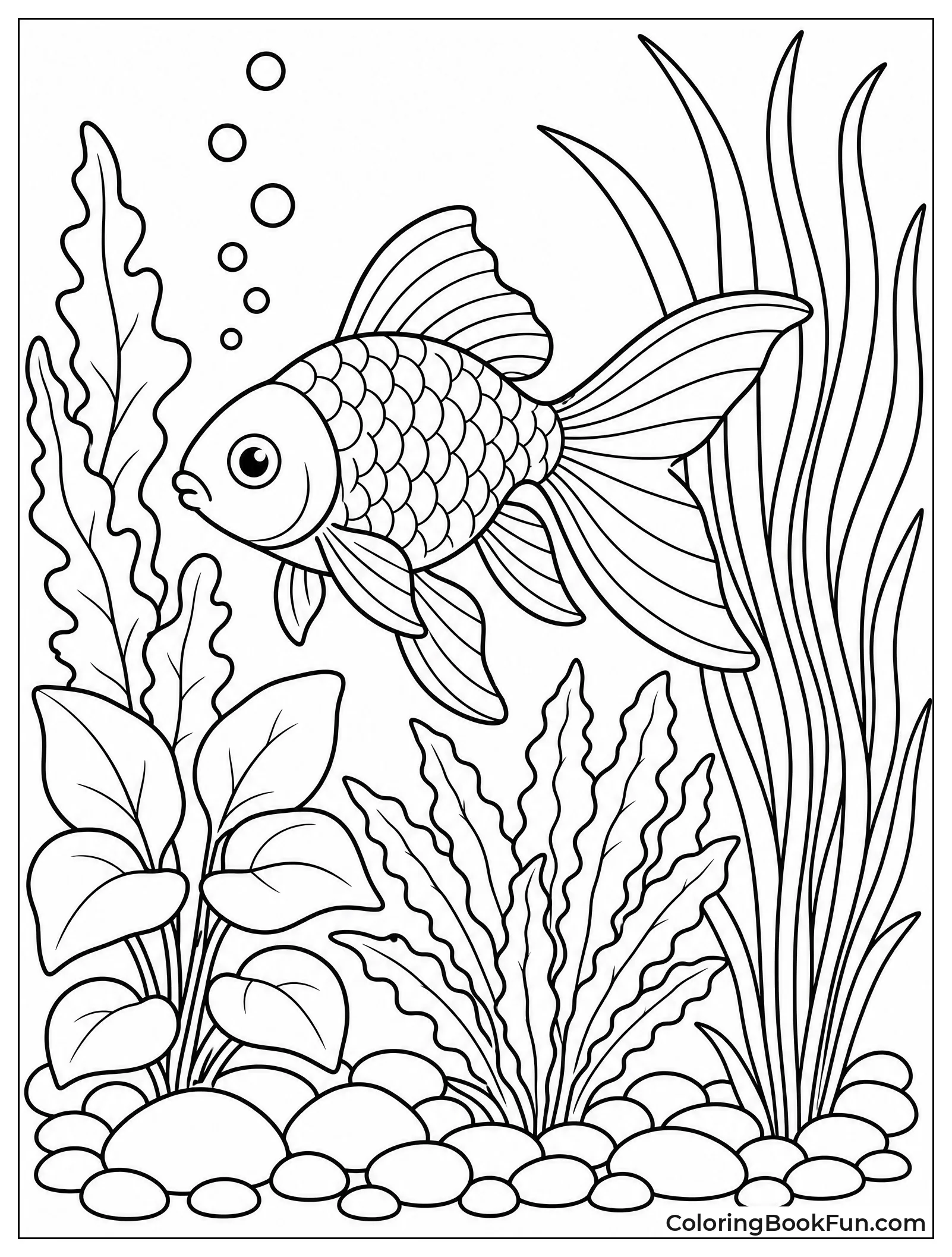 Goldfish Swims Among Aquarium Plants