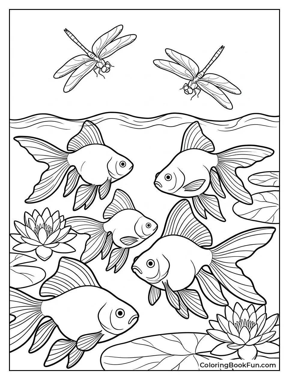 Goldfish Swims Under Yellow Lilies