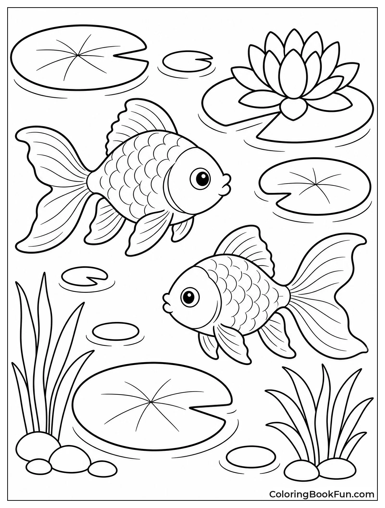 Goldfish Swims Near Lily Pads