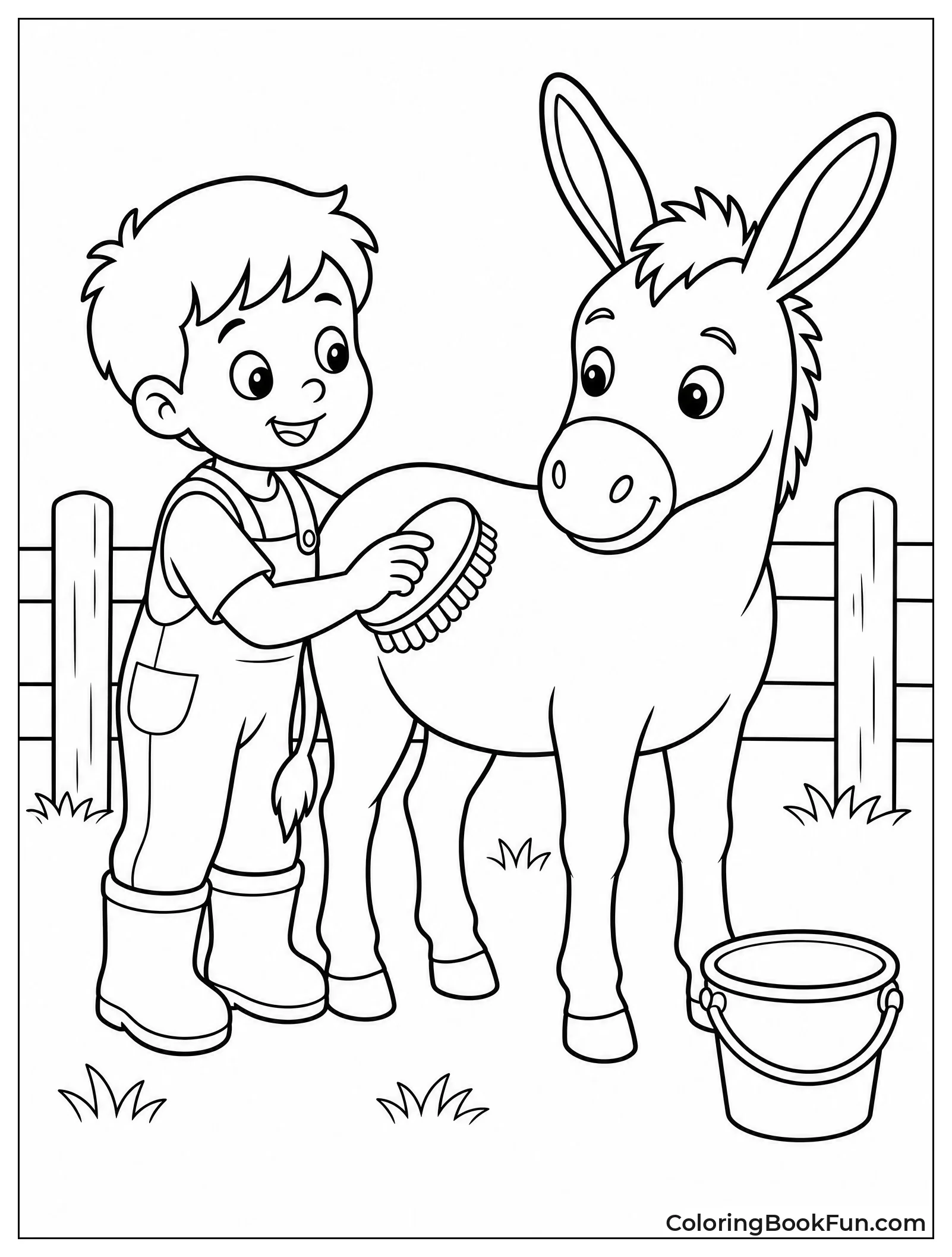 Child Brushes Donkey Coat