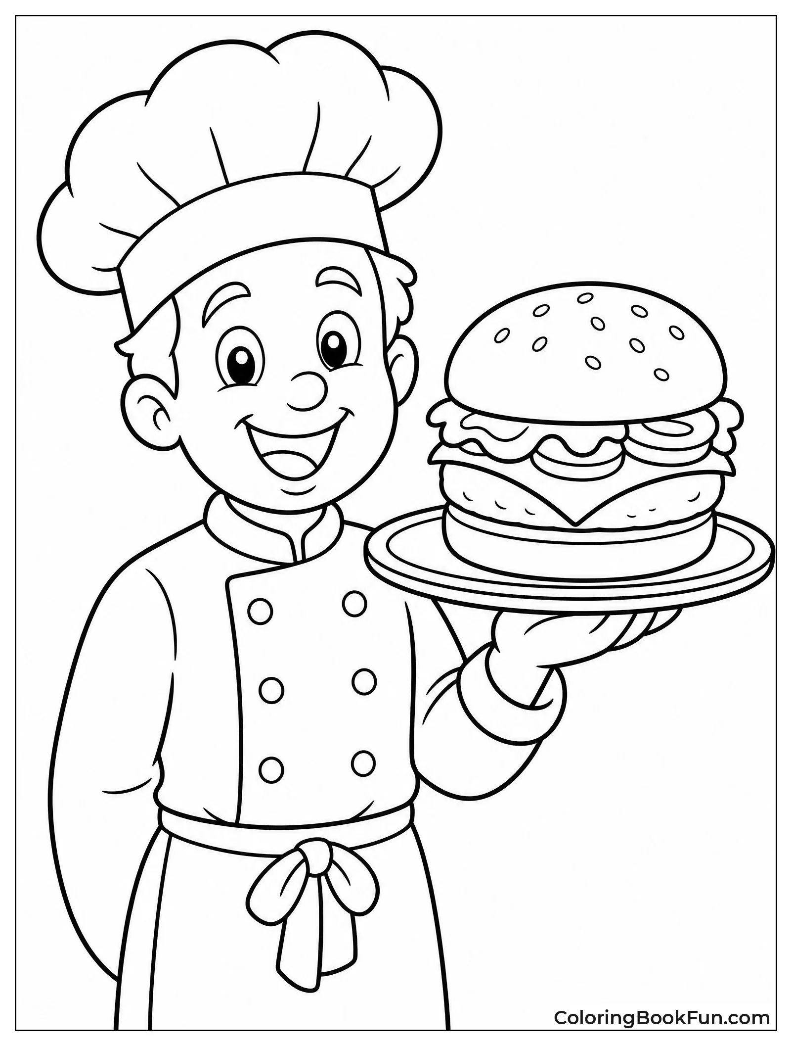 Smiling Chef Holds a Burger