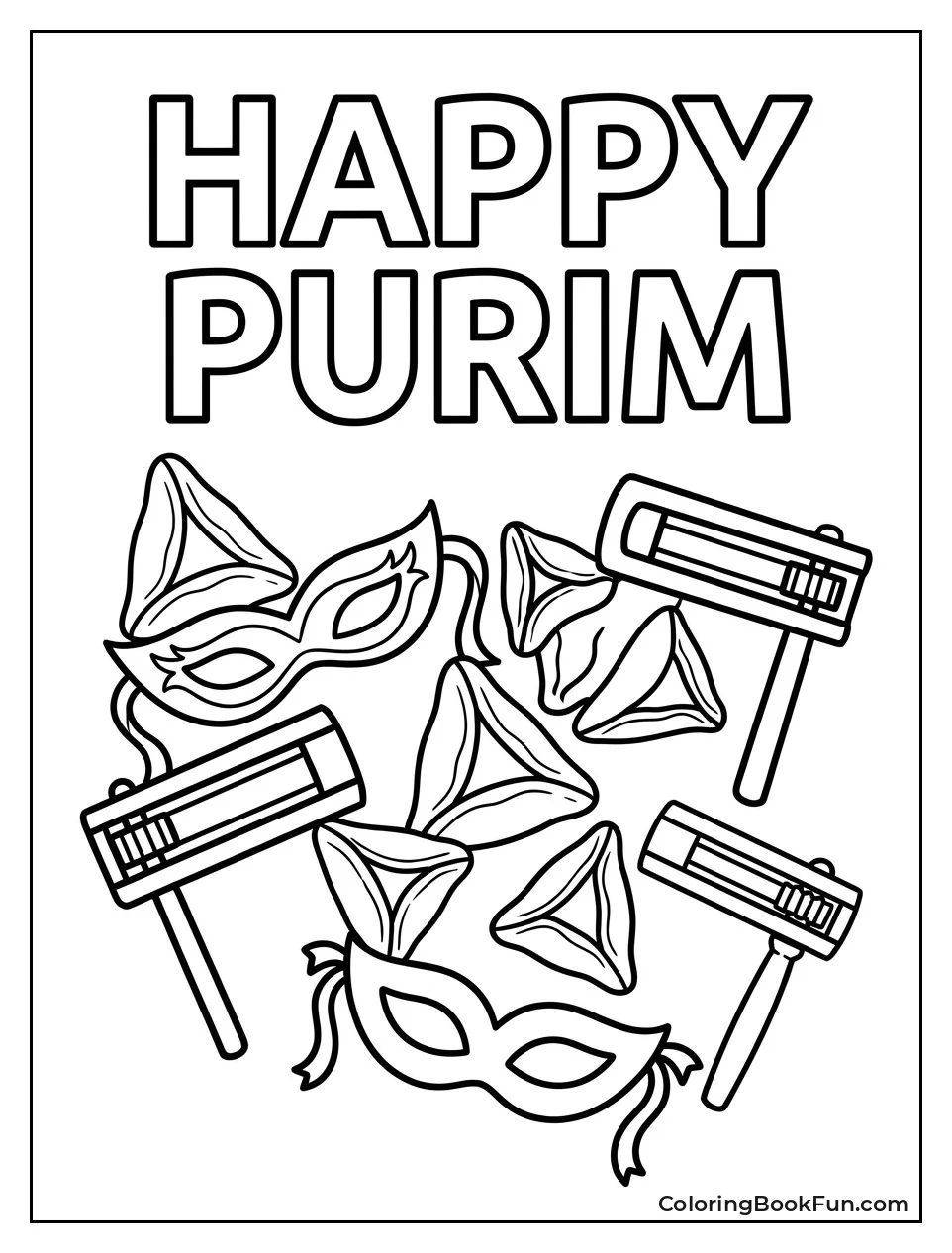Symbols Surround Happy Purim Words