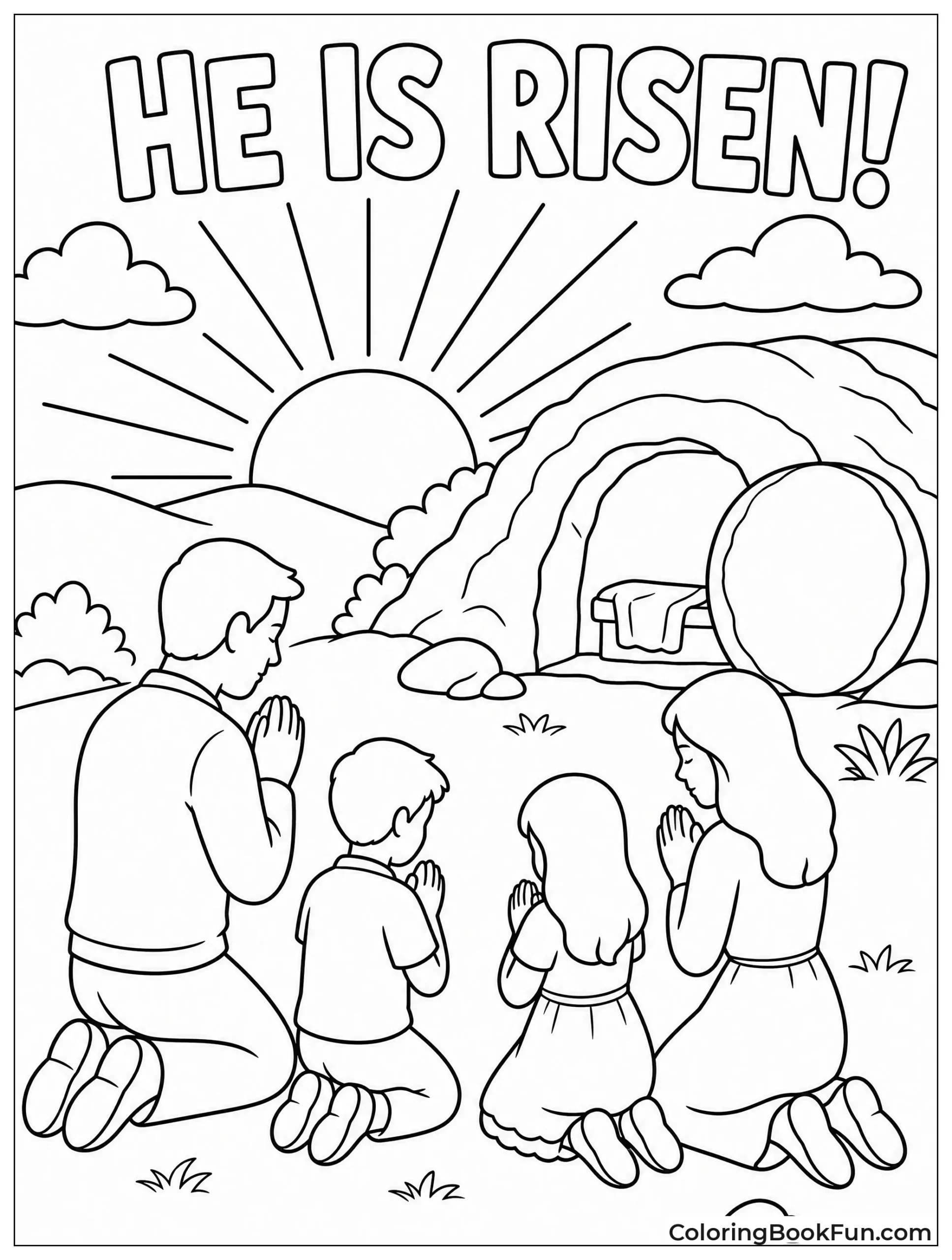 Family Prays at Sunrise near Tomb