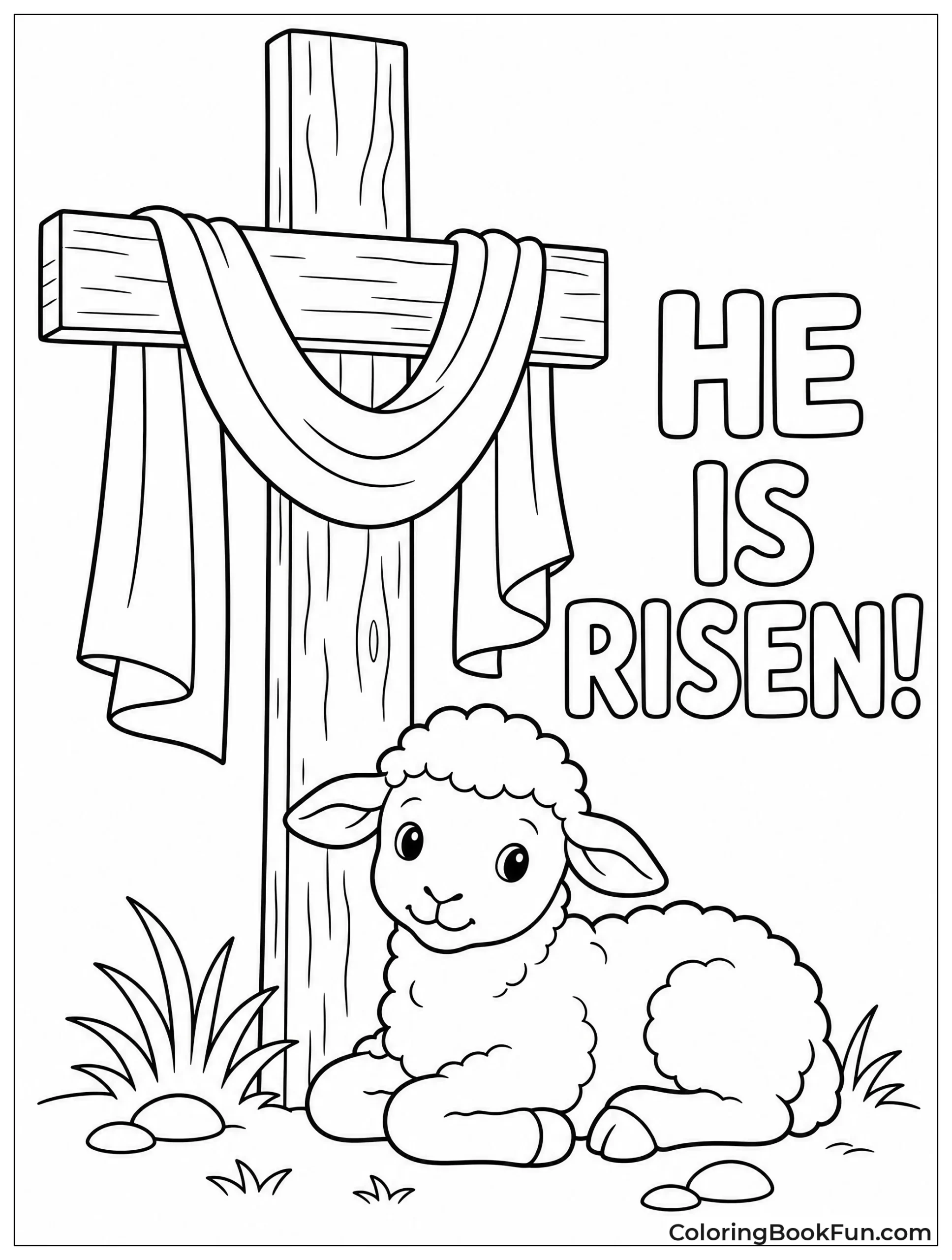 Lamb Rests beside Wooden Cross