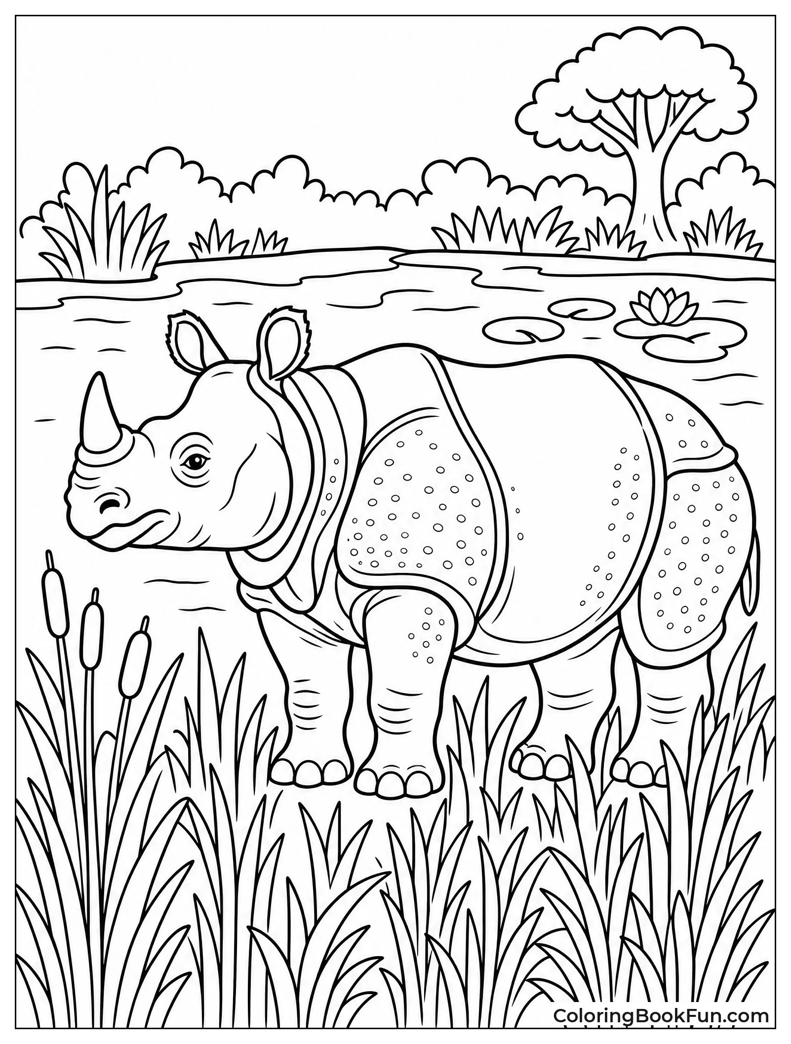 Indian Rhino Standing in Wetland