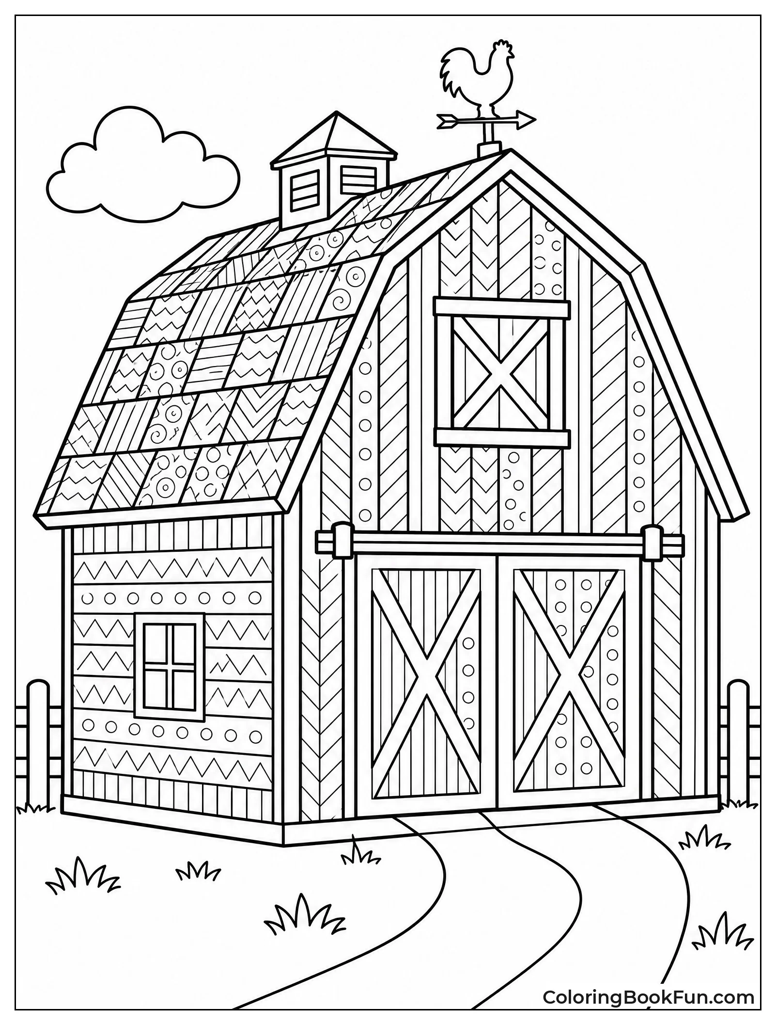 Barn with Patchwork Patterns on Wood