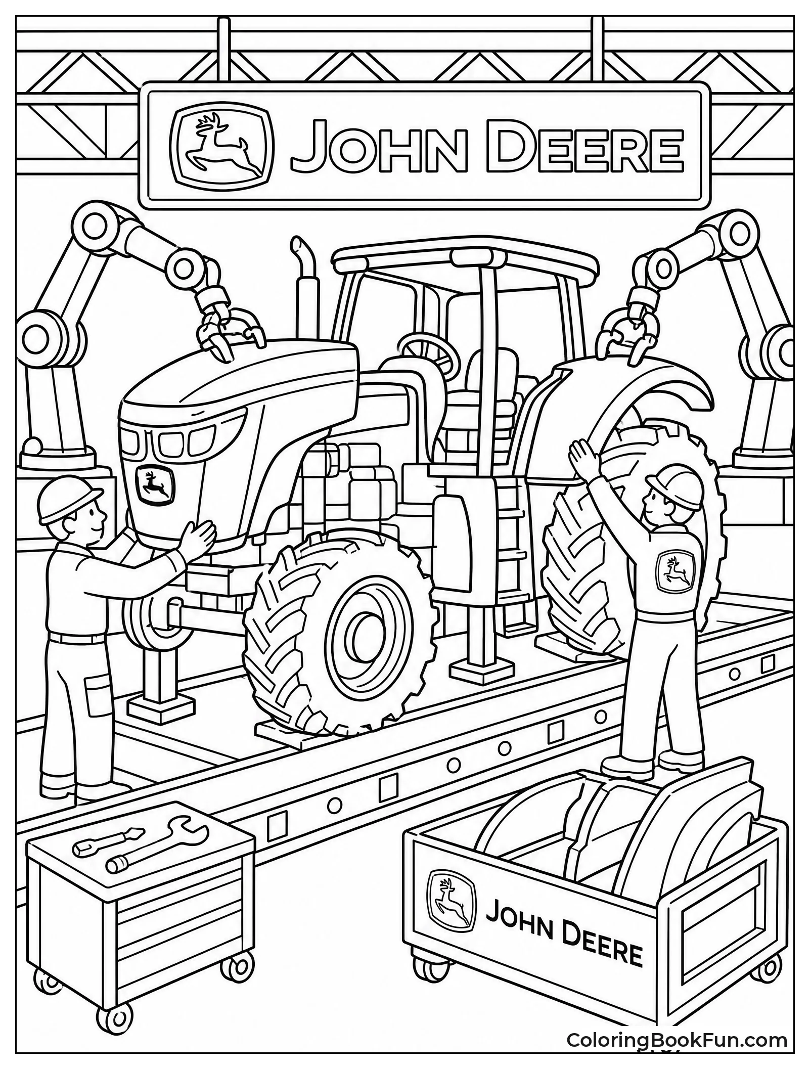 Workers Building Tractor in Factory