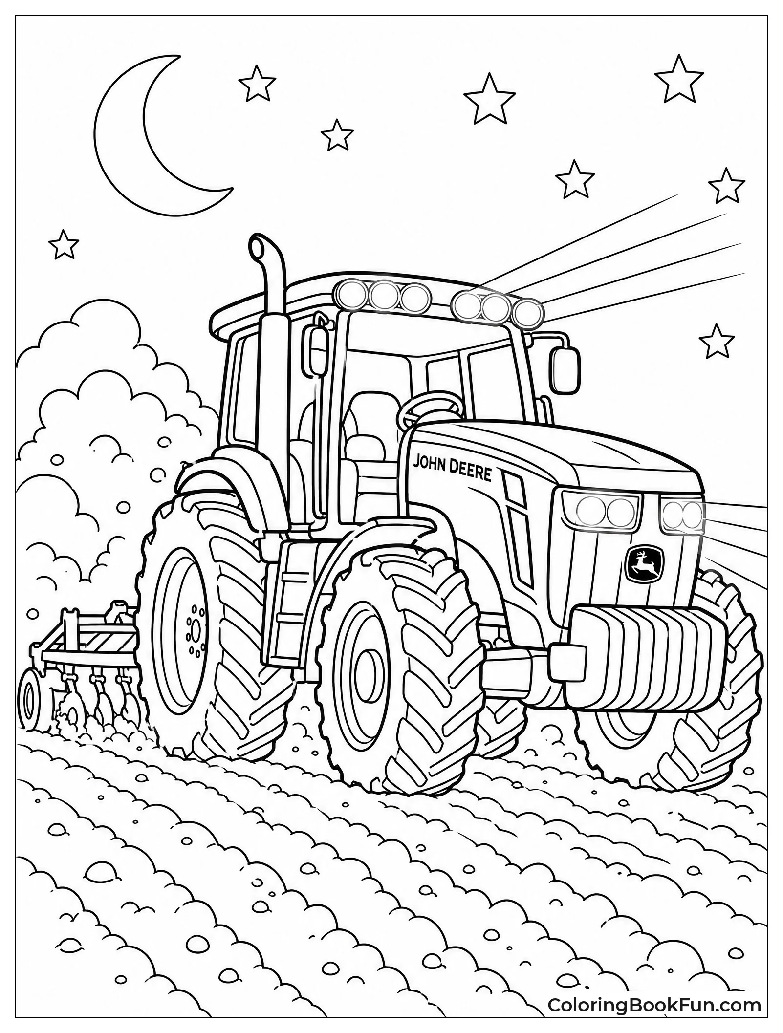 Tractor Working at Night with Lights