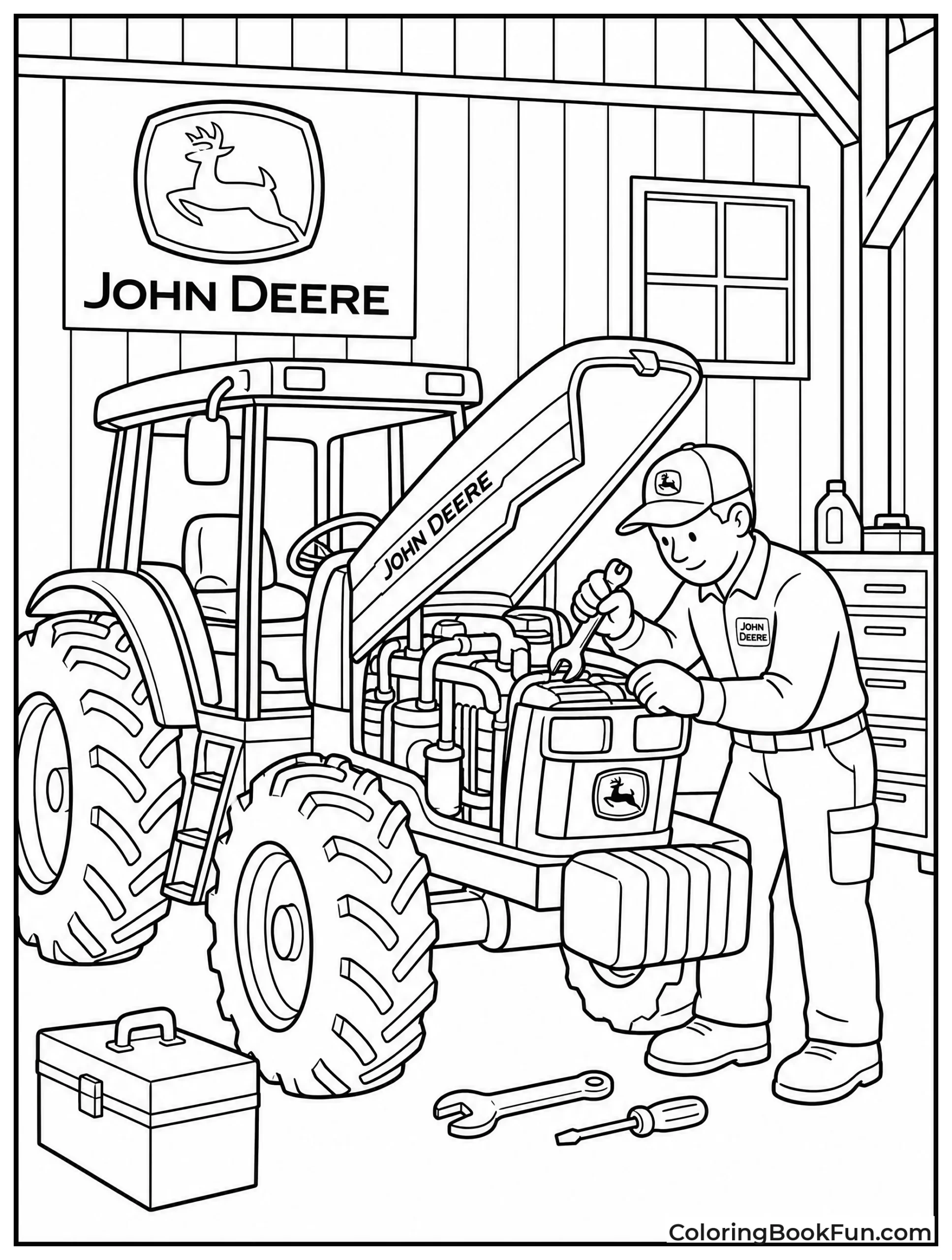 Mechanic Fixing Tractor in Garage