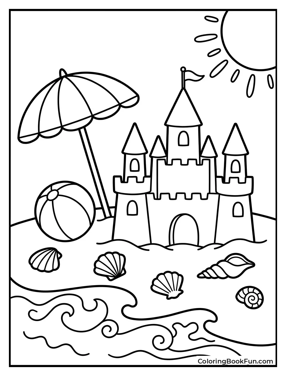 Beach Scene Shows Umbrella and Waves