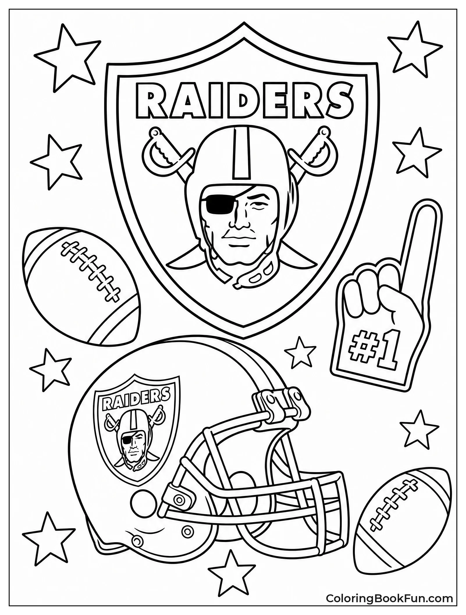 Raiders Logo Surrounded by Footballs