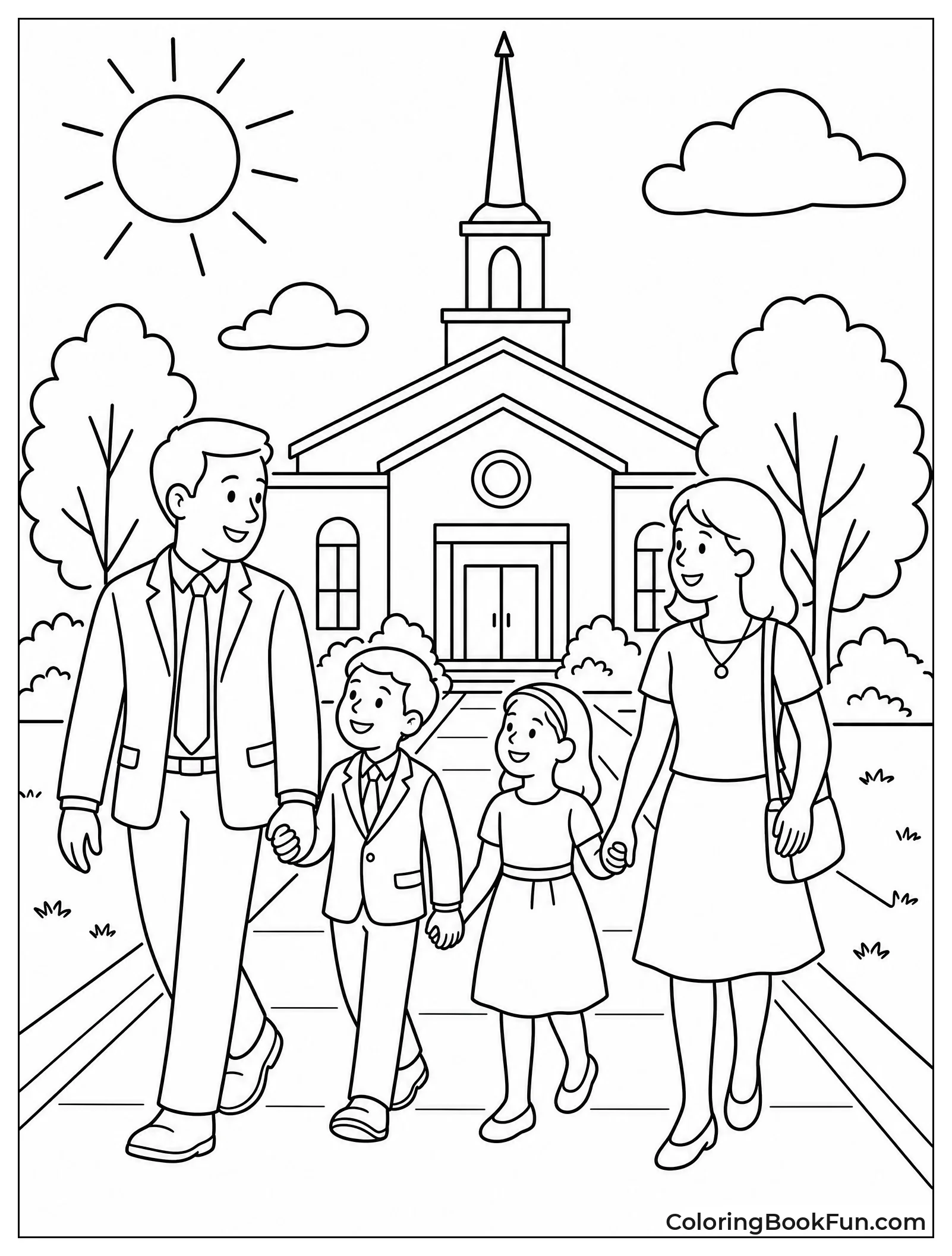 Family Walking to Church on Sunny Day