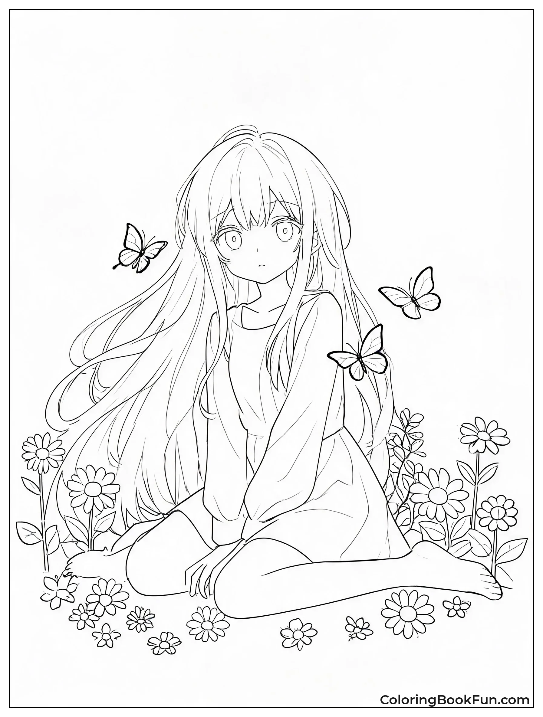 Girl Sits among Garden Flowers