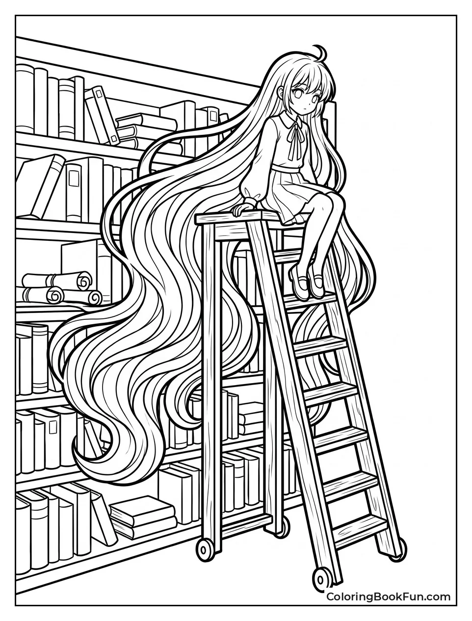 Hair Flows down Library Shelves