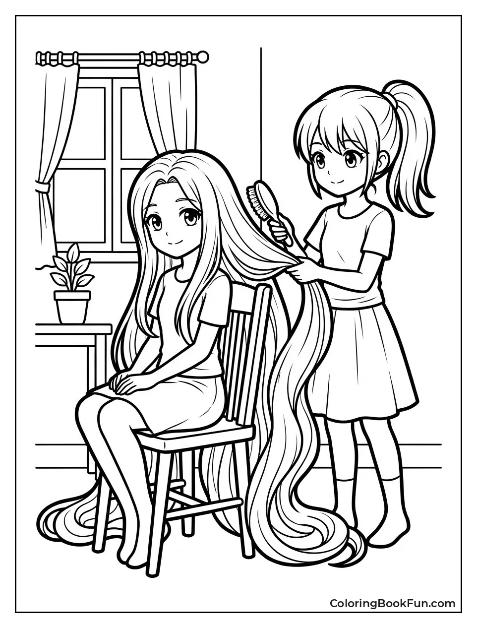 Girl Brushes Friend's Long Hair