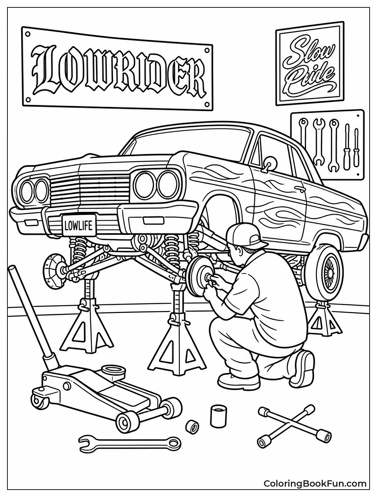 Mechanic Fixes Lowrider in Garage