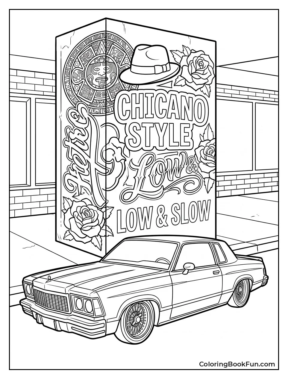 Lowrider Stops by Mural Pillar