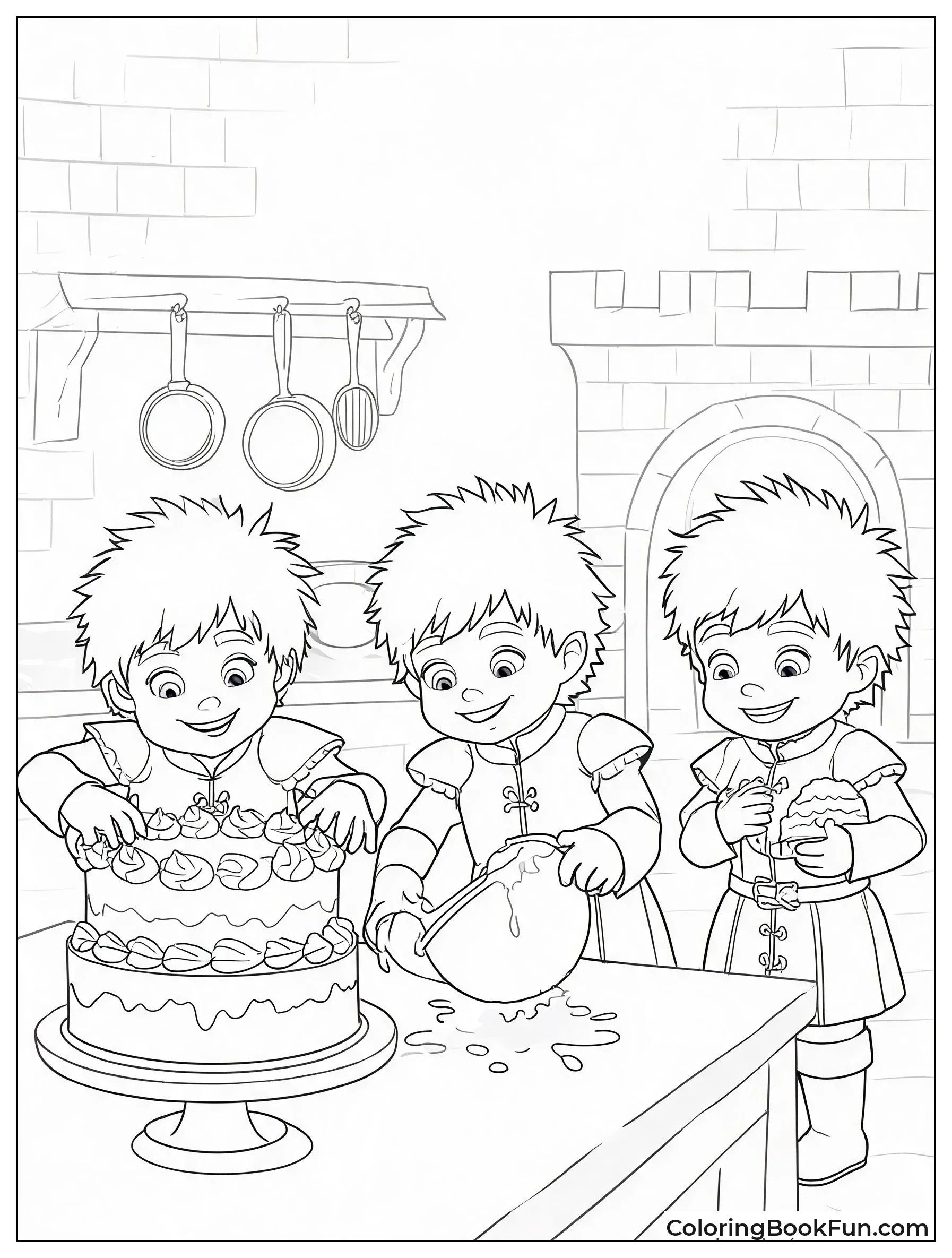 Triplets Stealing Cake in Kitchen