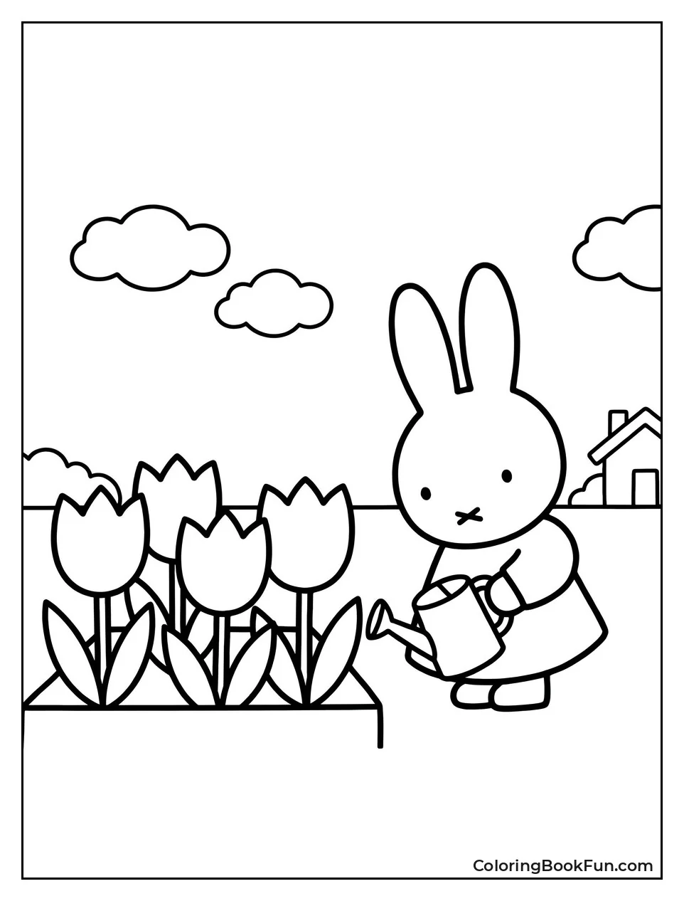Miffy Watering Tulips in Garden