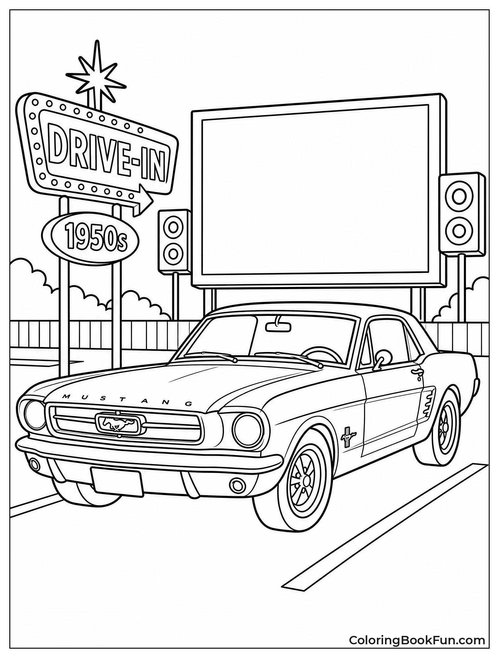 Mustang Watches Movie at Drive In