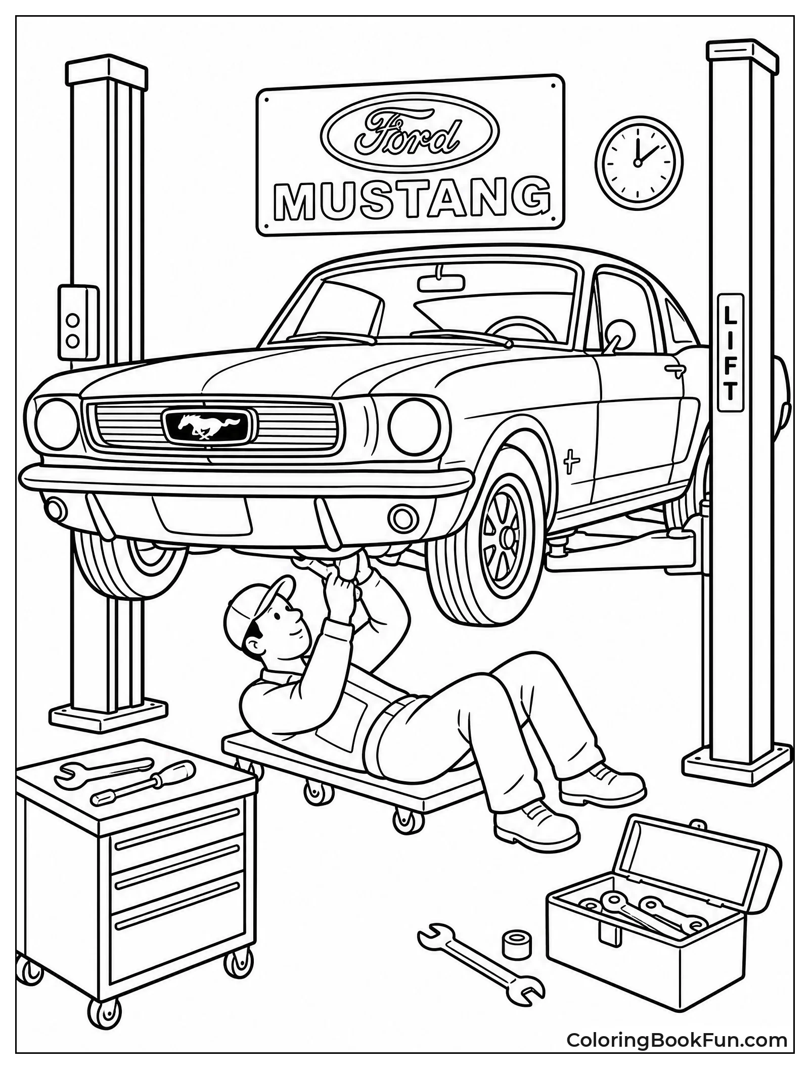 Mechanic Fixes Mustang in Garage