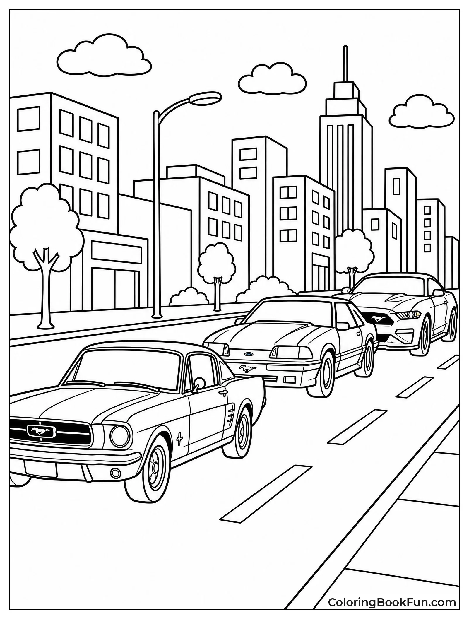 Three Mustangs Drive Down City Street
