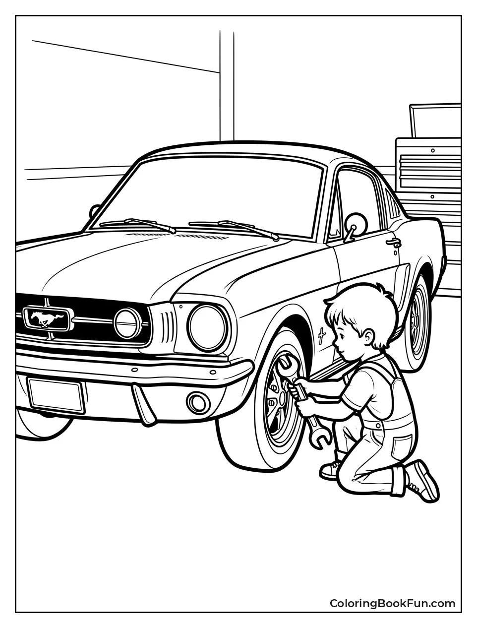 Kid Holds Wrench by Mustang Wheel