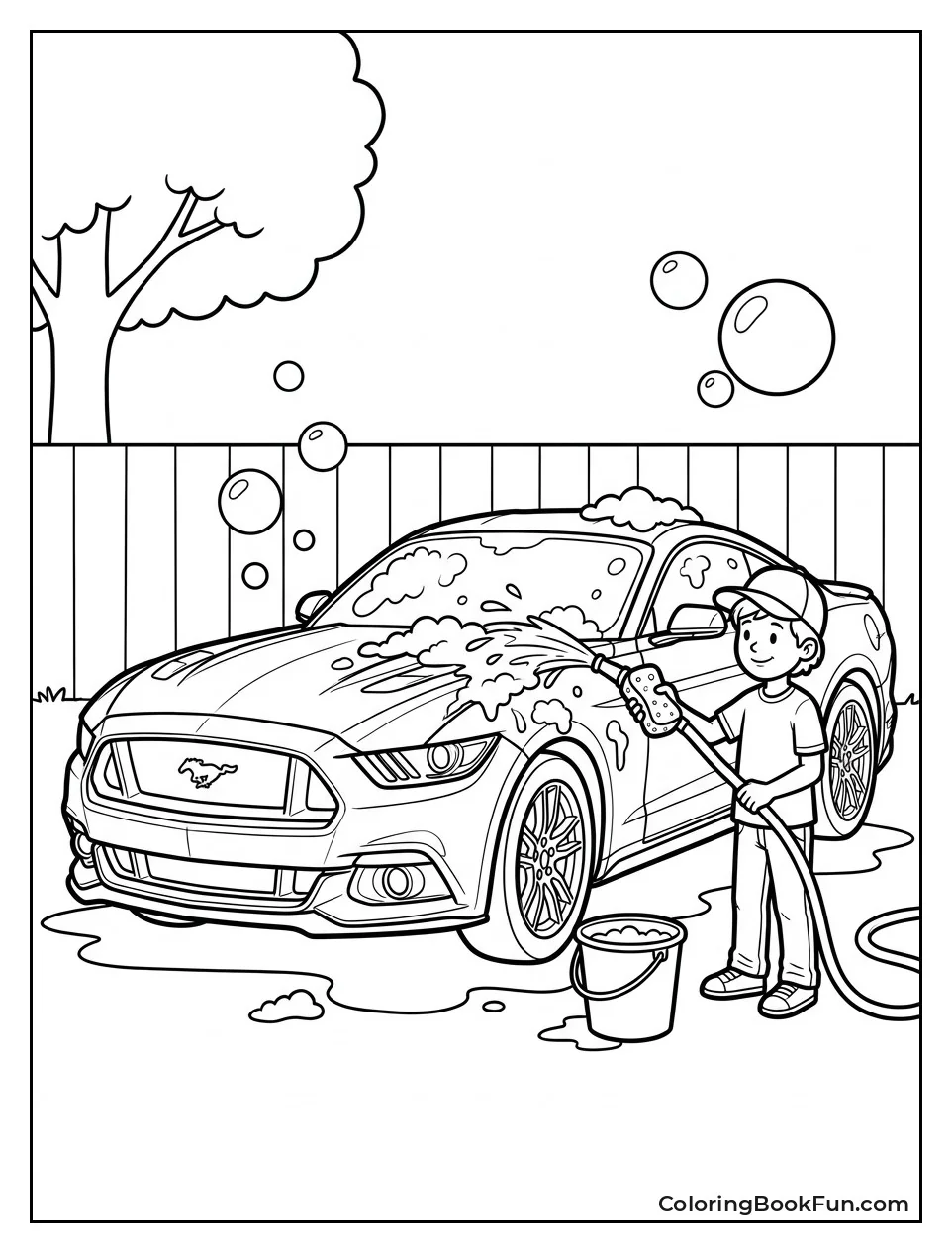 Child Washes Mustang with Garden Hose