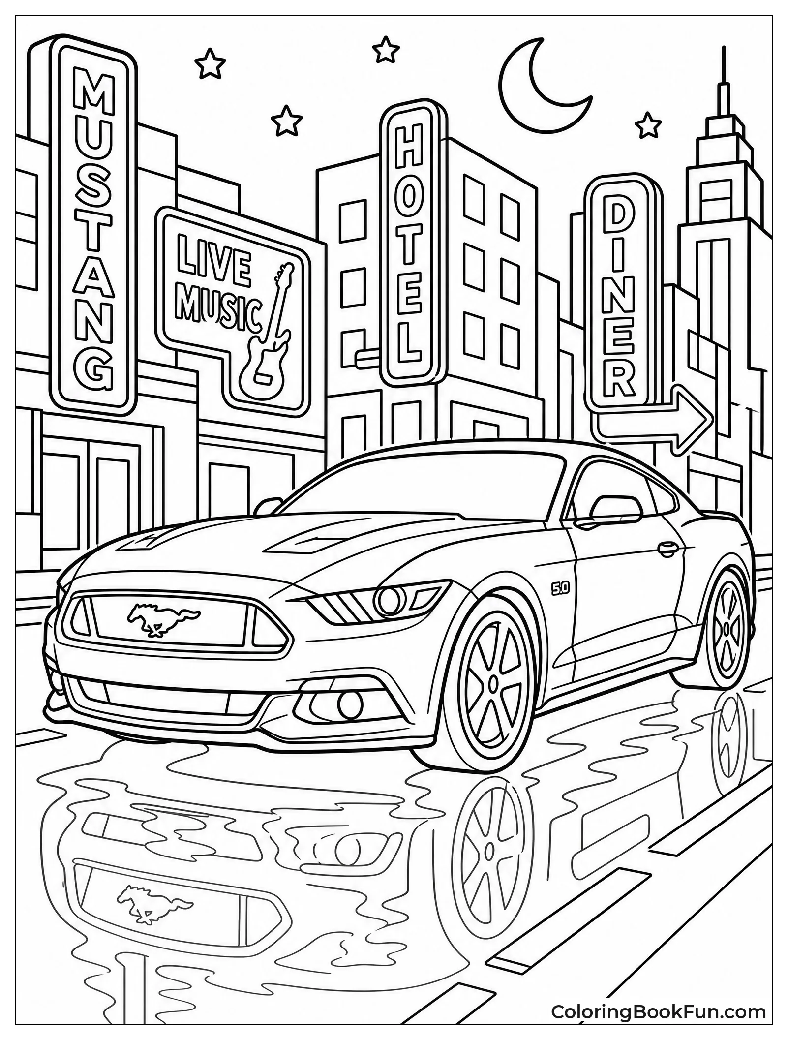Mustang Cruises Past Neon City Lights