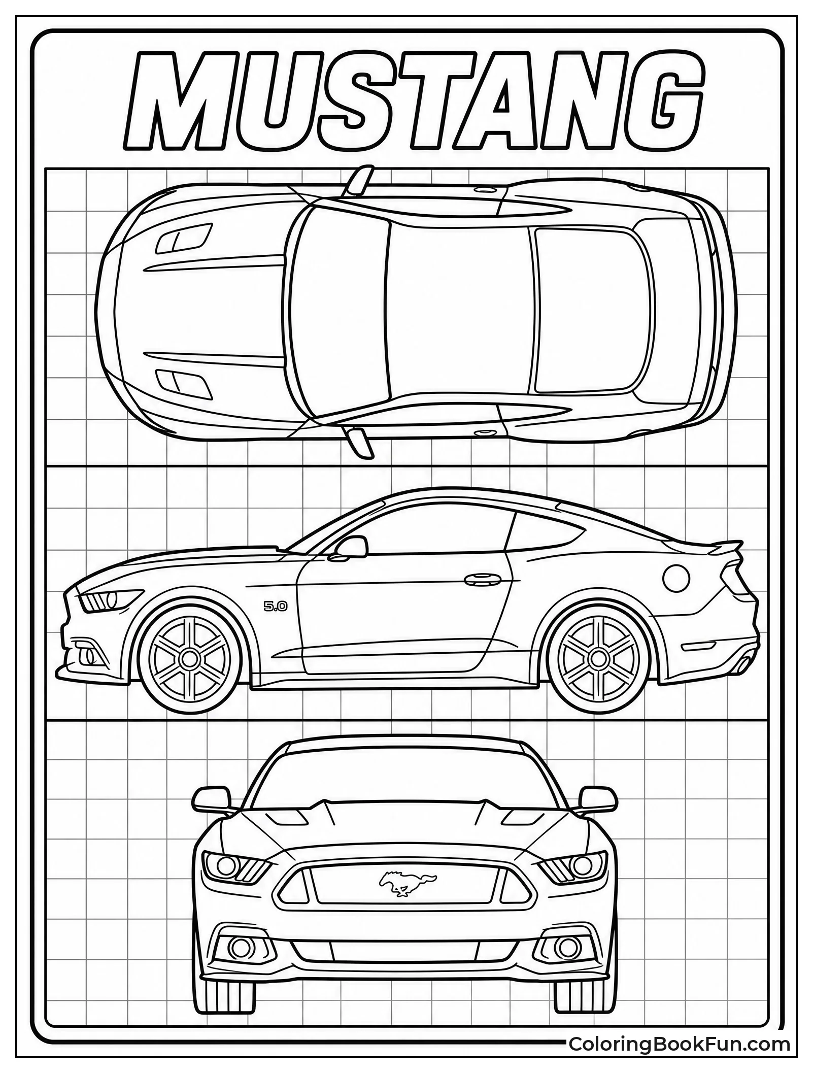 Blueprint Shows Mustang from Three Views
