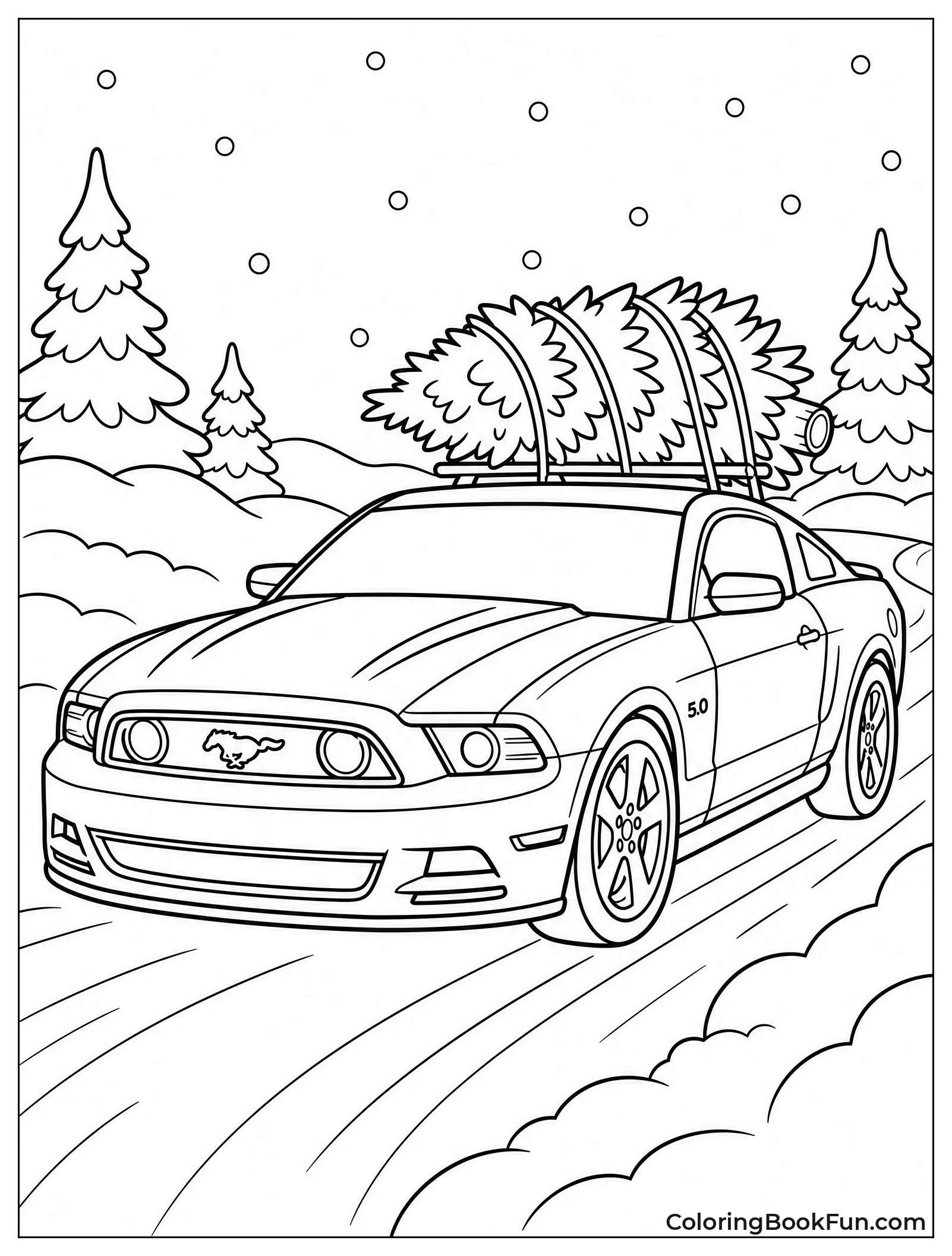 Mustang Drives Past Snow with Christmas Tree