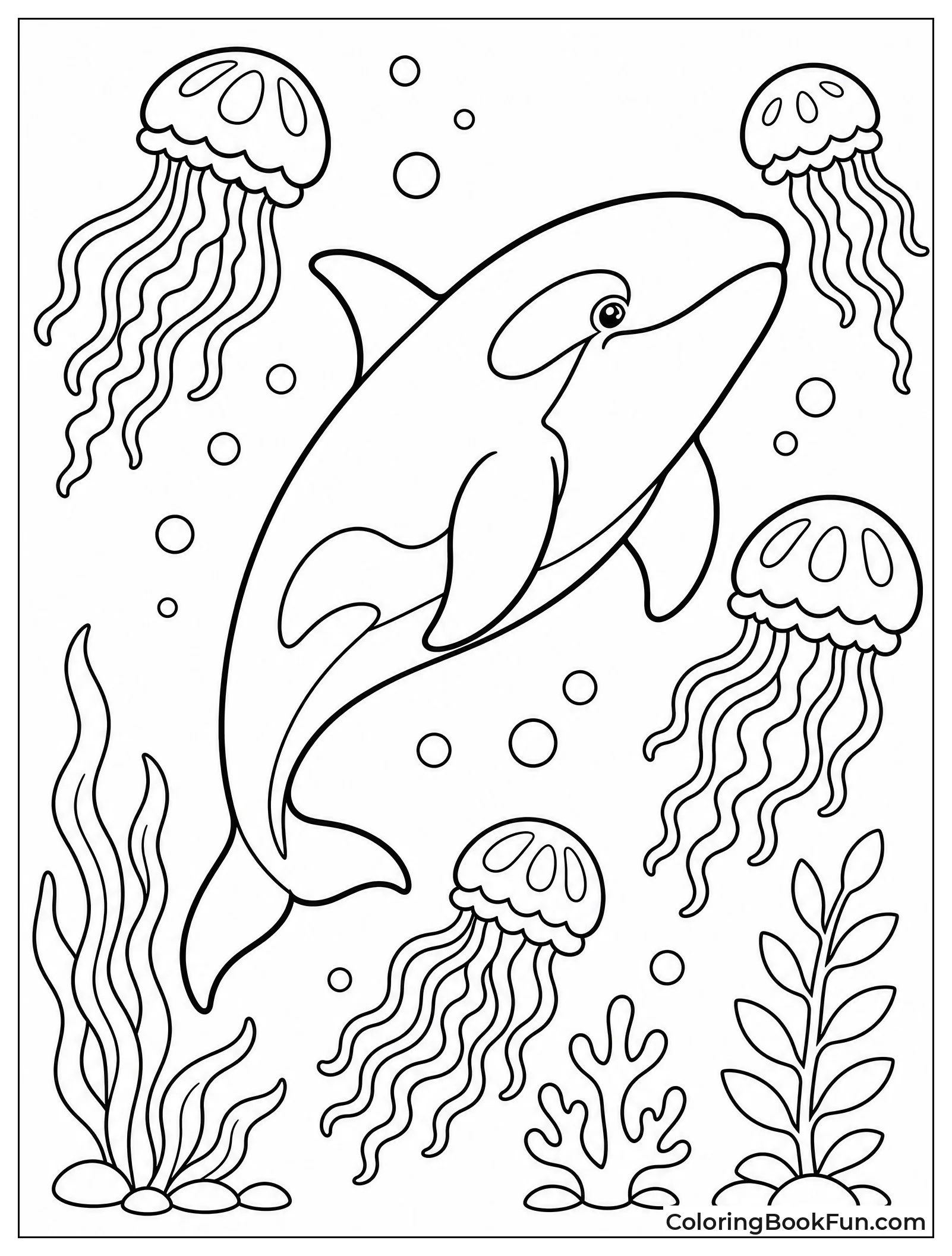 Orca Swimming Among Glowing Jellyfish