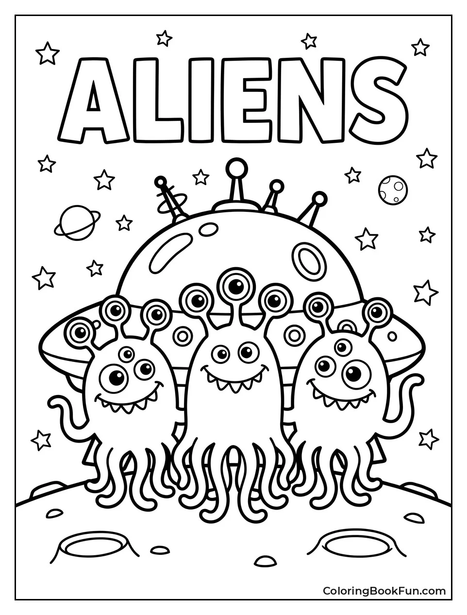 Three Goofy Aliens by Their Spaceship