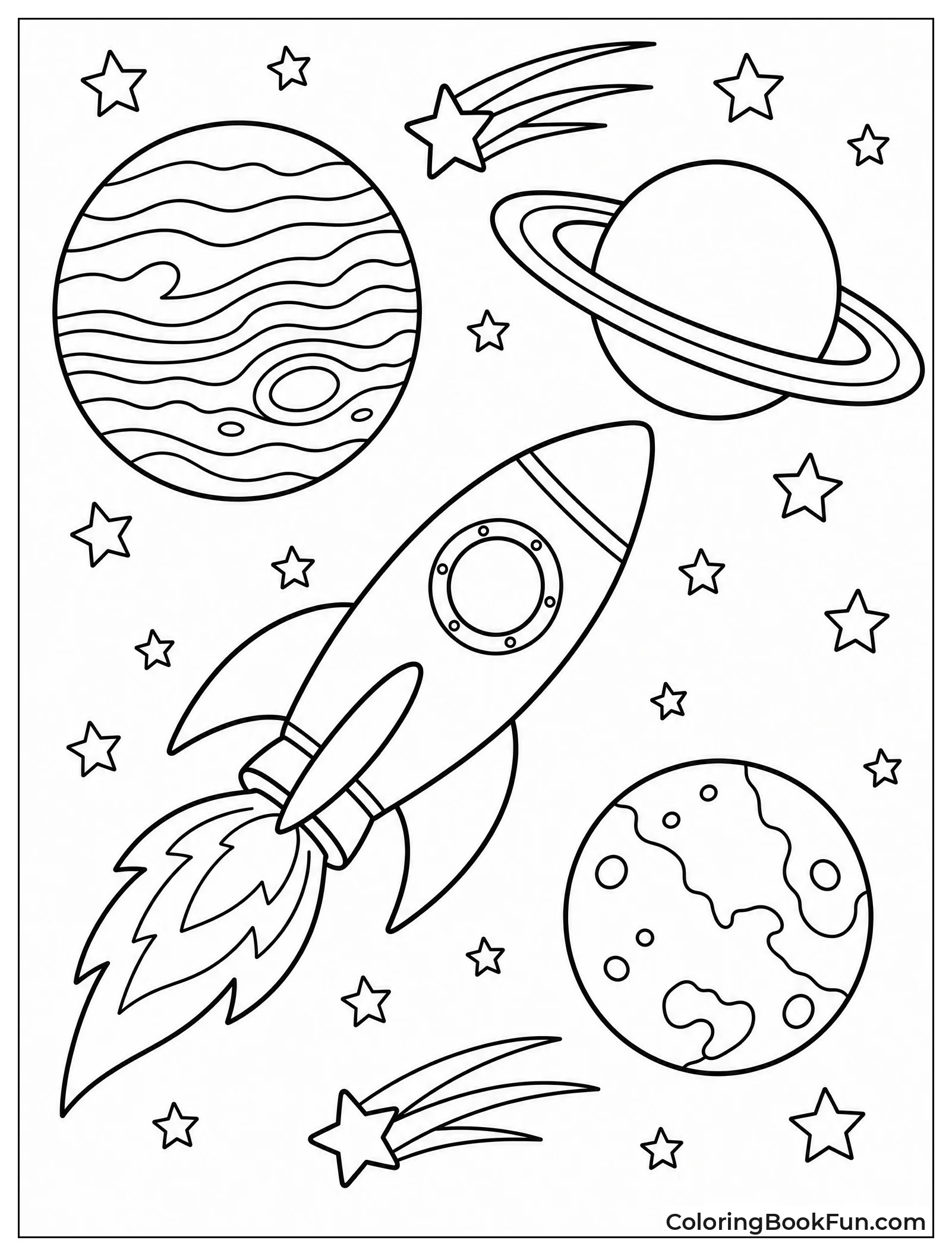 Rocket Flying Past Colorful Planets
