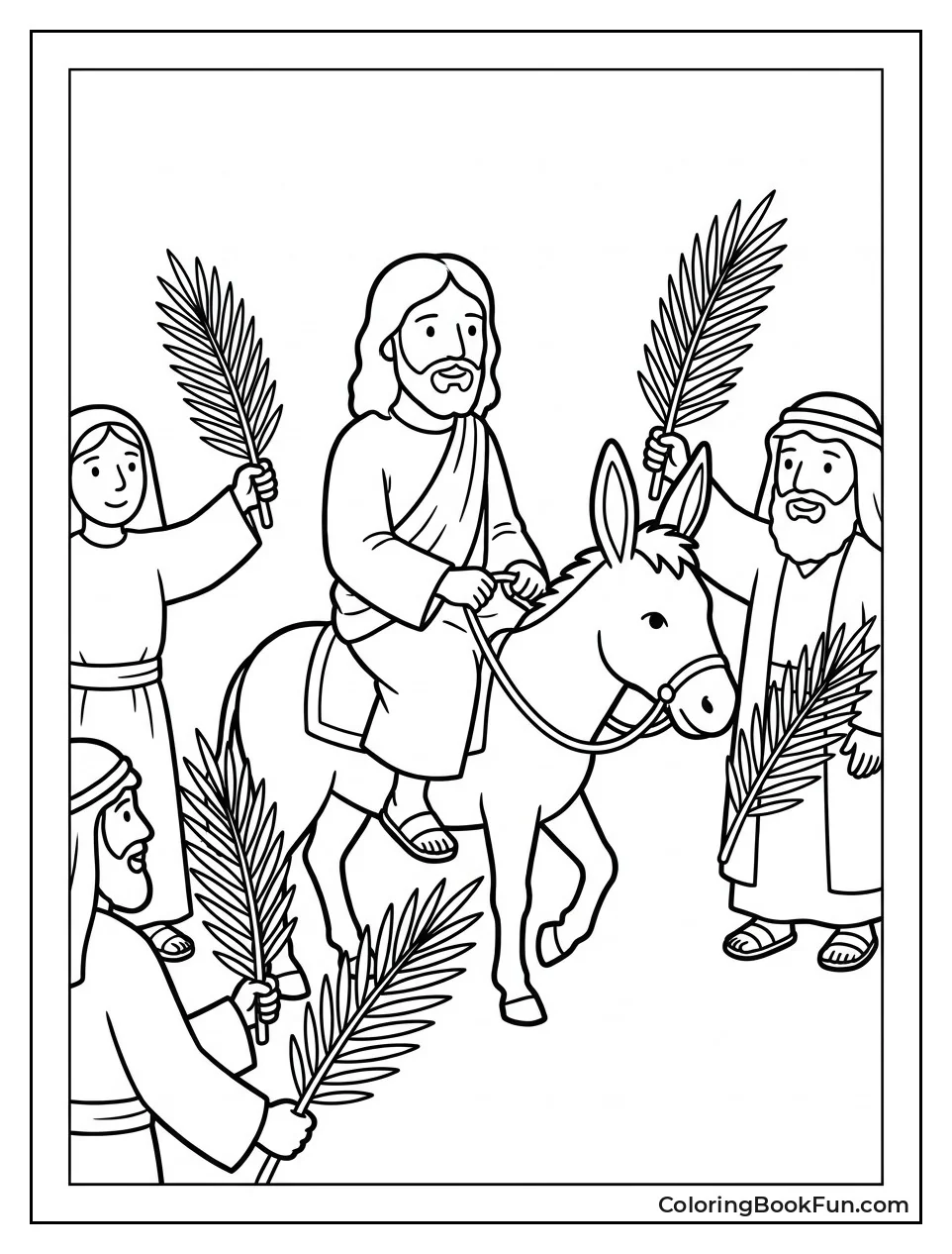 Jesus Riding Donkey Under Palm Branches