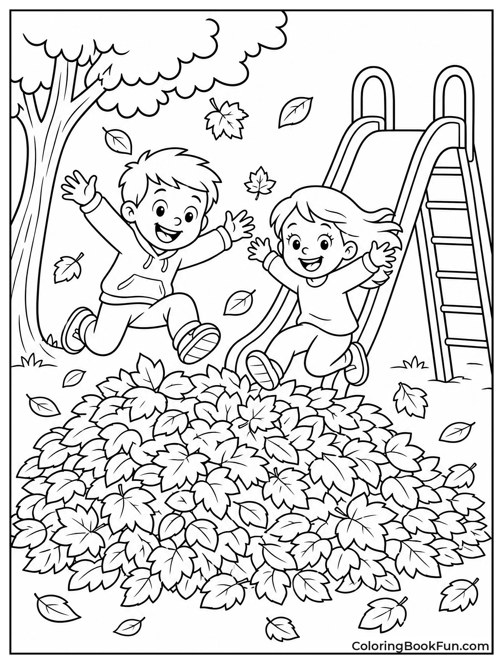 Kids Jumping in Leaf Pile